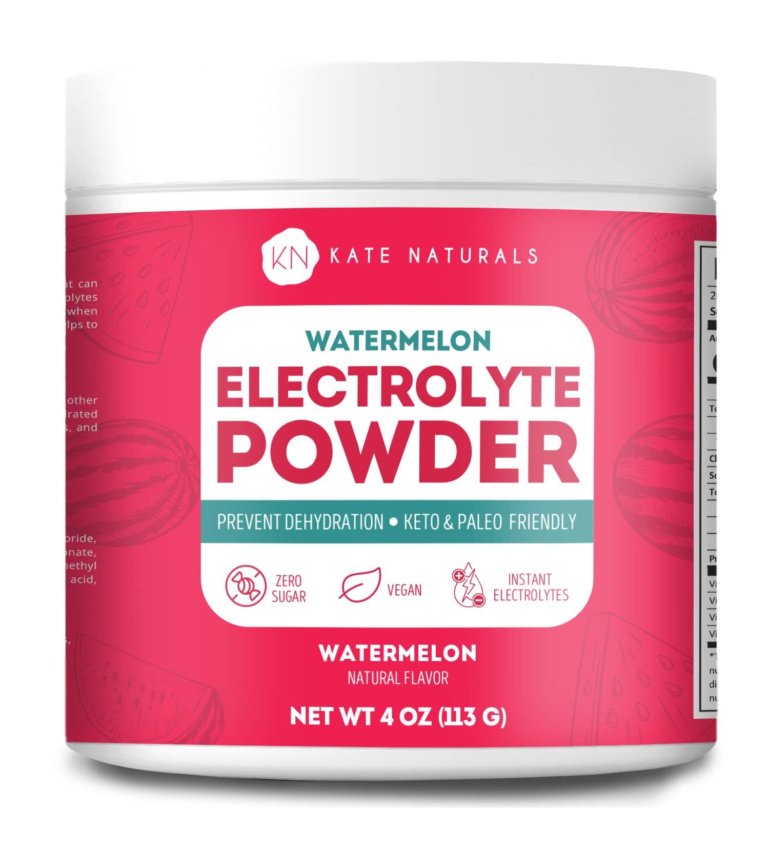 Kate Naturals Watermelon Electrolytes Powder 4oz - Instant Vegan Energy Boost, Prevent Dehydration, Eliminate Cramps - Non-GMO, Keto-Friendly, Zero Sugar - Buy Online on GoSupps.com