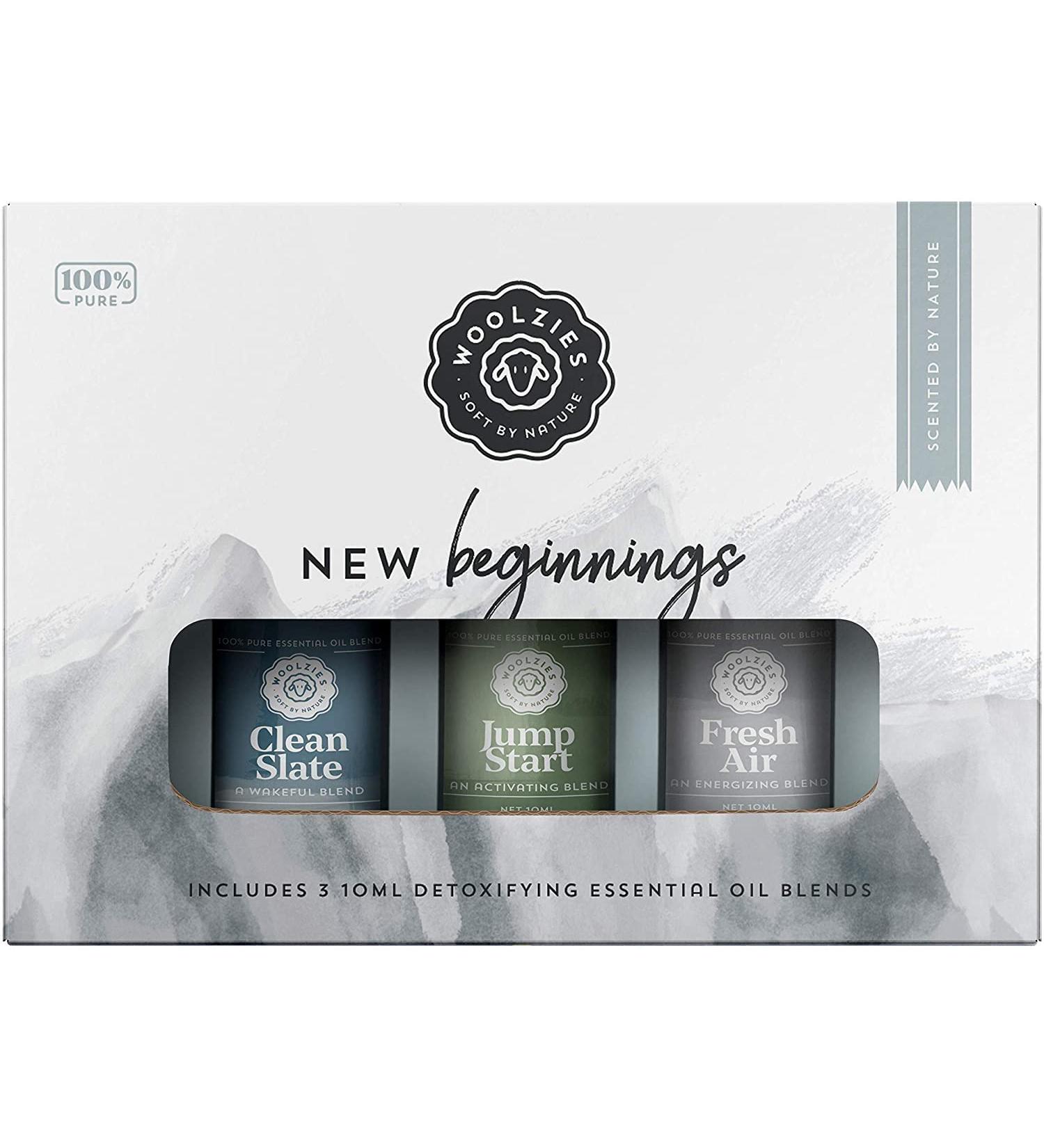 Woolzies New Beginnings Set of 3 | Therapeutic Grade Aromatherapy Oils | for Diffuser or Topical Use | Incl. The Popular Clean Slate, Fresh Air & Jump Start Essential Oil Blends | 10 ML Fresh 3 Piece Set