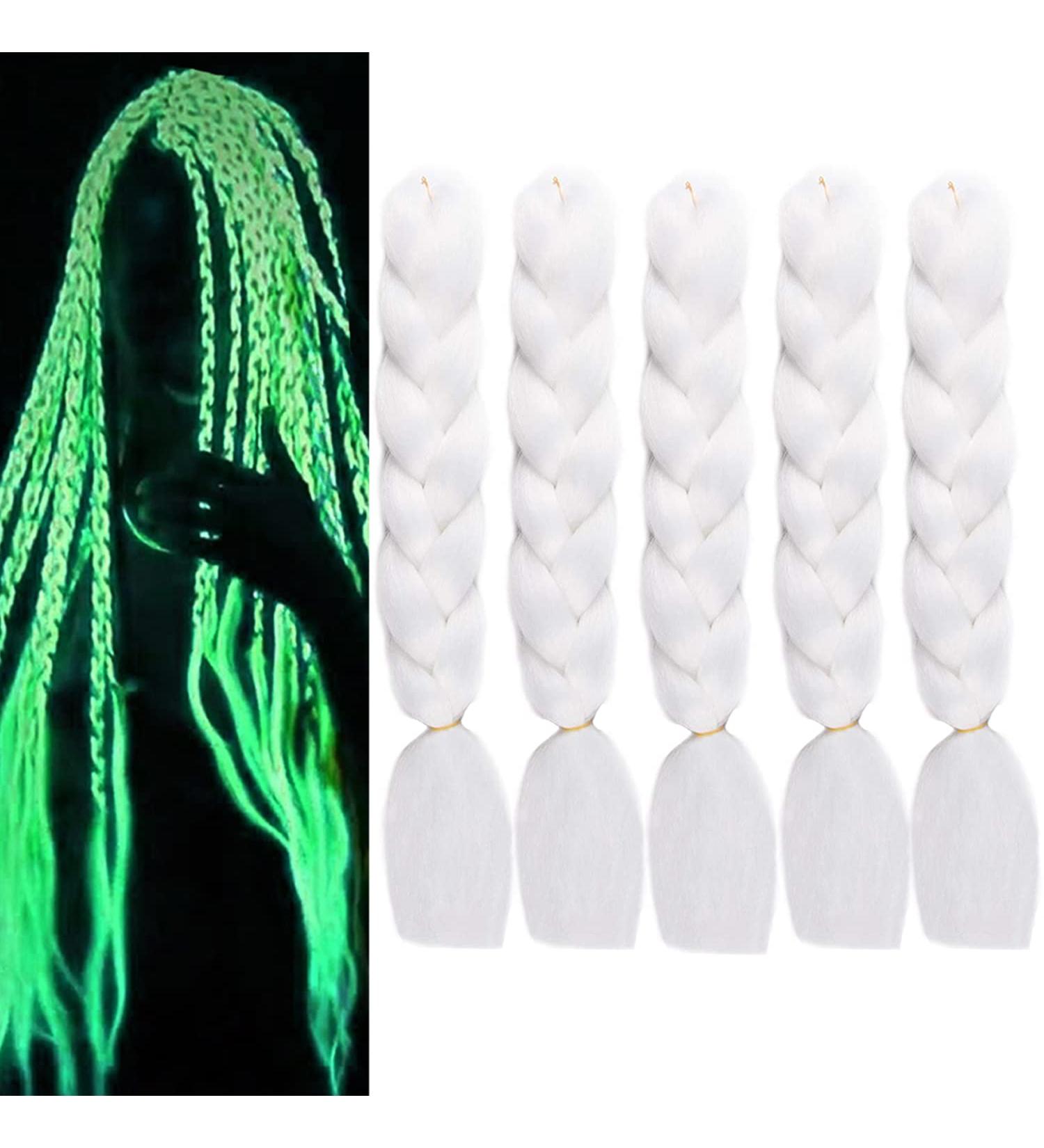 White Kanekalon Box Braids Hair Extensions - Glowing & Shining Jumbo Braids - Fluorescent Light in Darkness - 5pcs - Buy Online on GoSupps.com