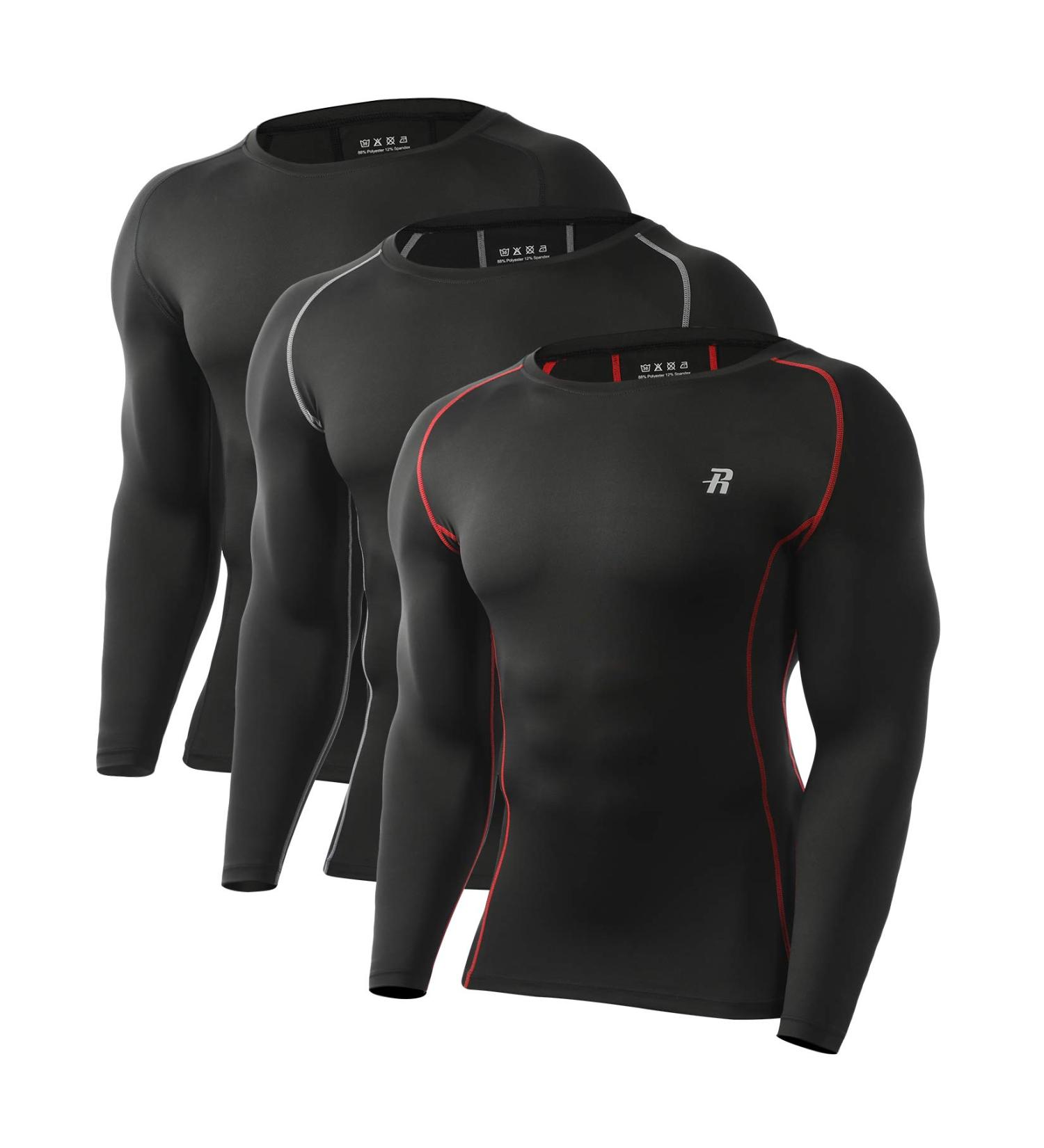 Runhit Men's Compression Long Sleeve Workout Shirts 3 Pack - Black/Red/Gray - Size Large - Buy Online on GoSupps.com