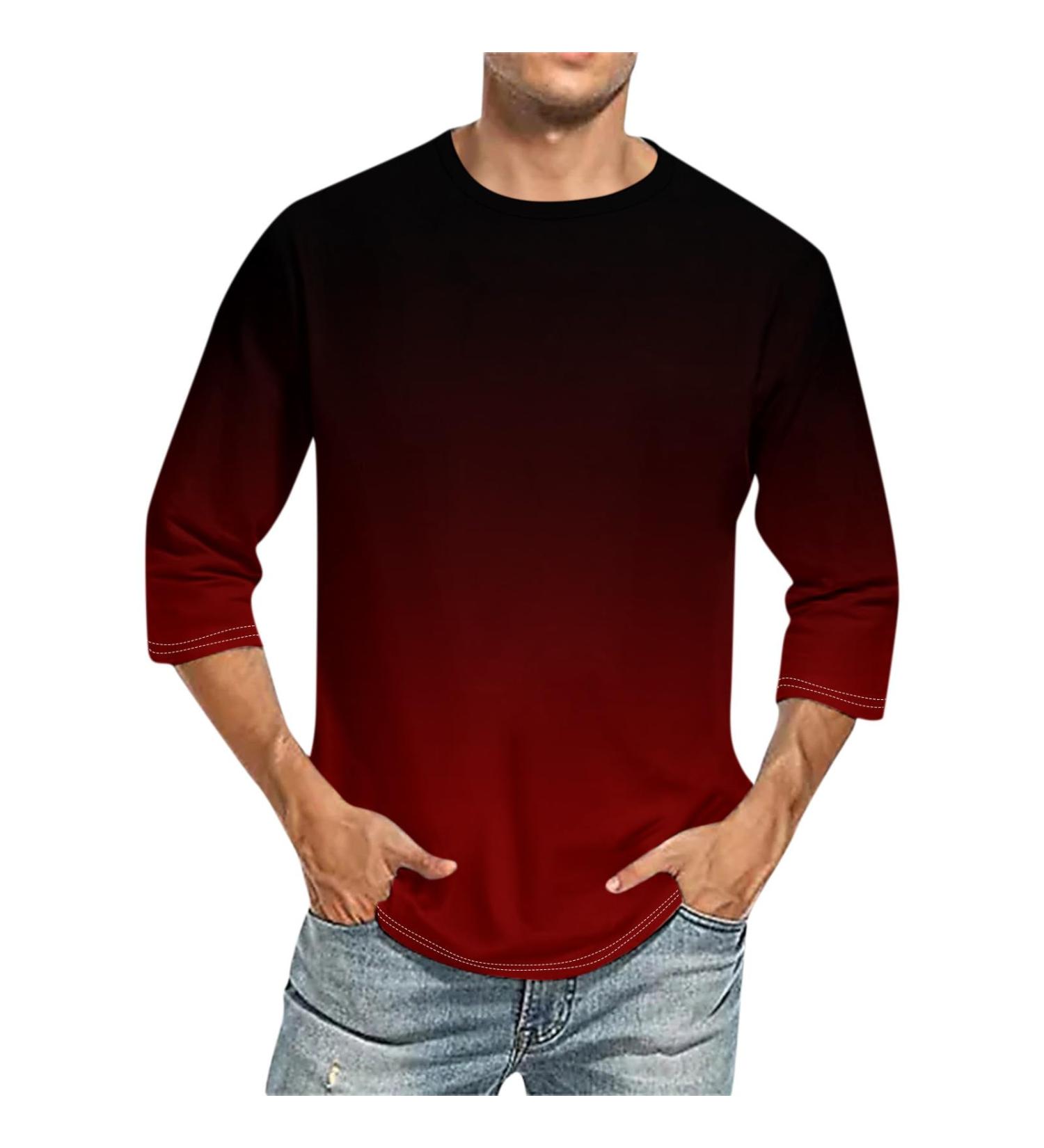 Men's 3/4 Arm Casual T-Shirt - 3D Print Round Neck Henley - Summer Rugby Shirt - Deep Red Relaxed Fit - Buy Online on GoSupps.com