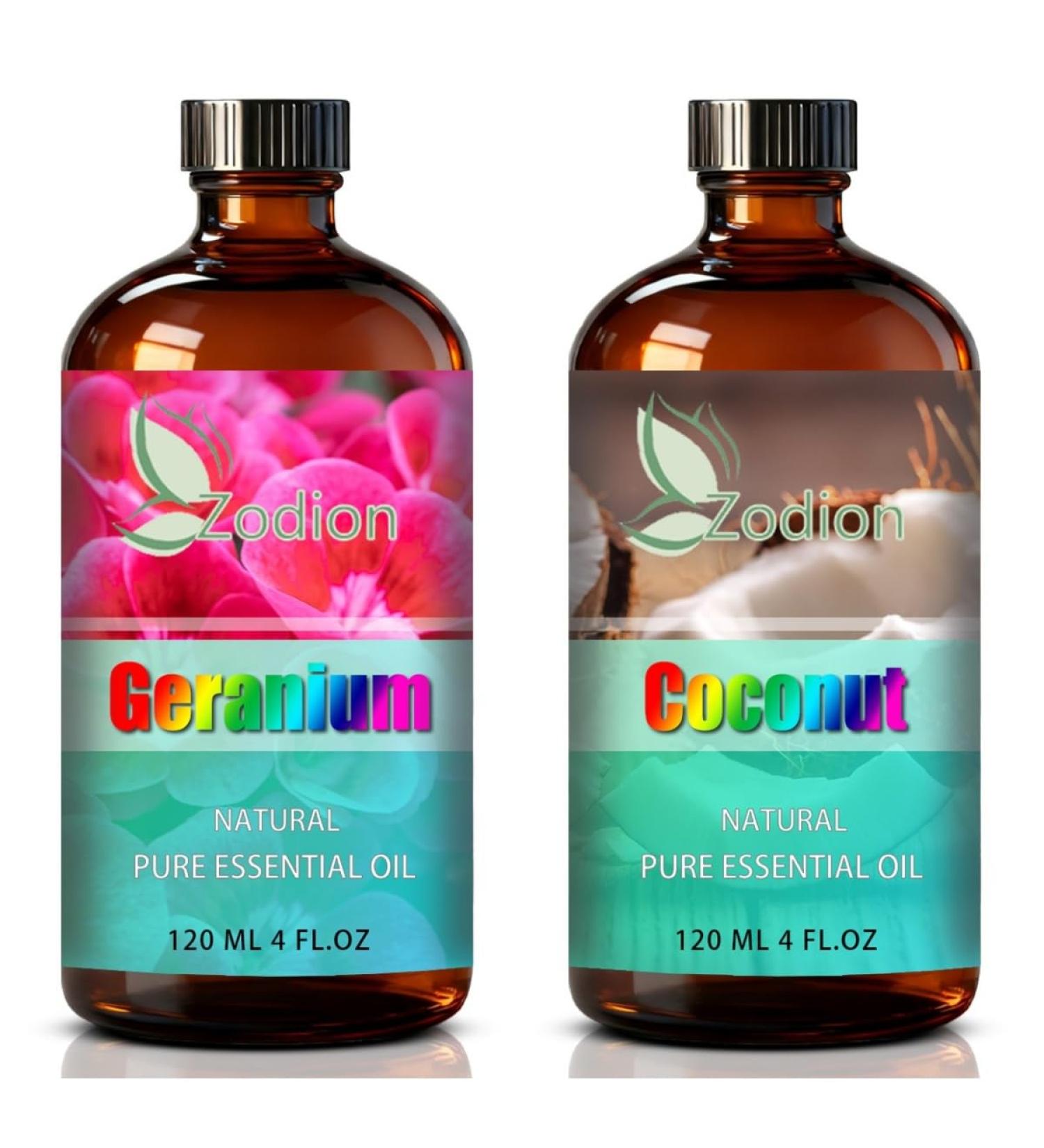 Coconut Essential Oil 4 Fl Oz and Geranium Essential Oil 4 Fl Oz - Coconut & Geranium Oil for Diffuser Aromatherapy Home Fragrance Skin & Hair Care DIY Candle & Soap Making Yoga - Buy Online on GoSupps.com