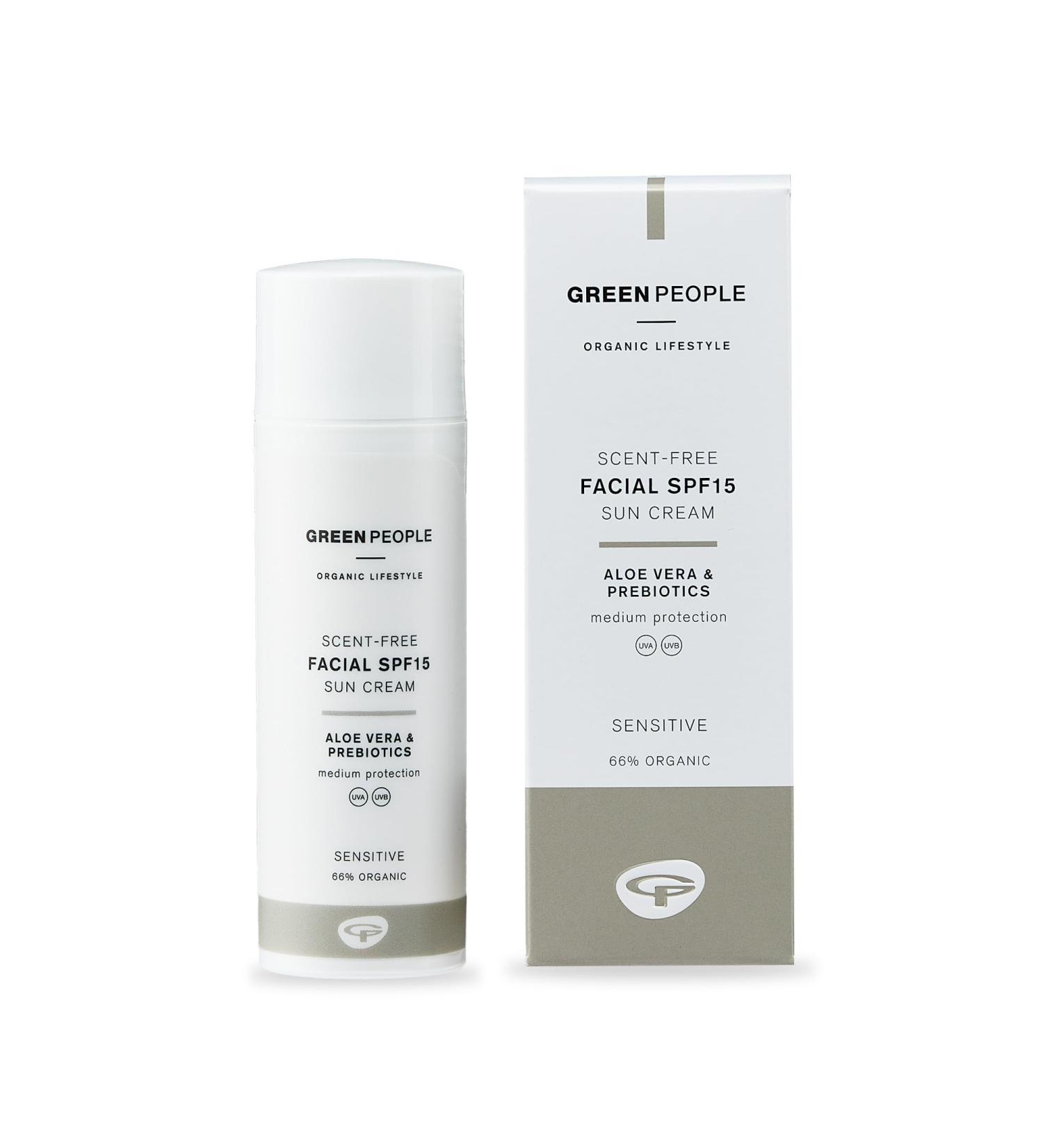 Green People Scent Free Facial SPF15 Sun Cream 50ml | Natural & Organic Sensitive SPF Moisturiser for Combination Spot-Prone or Sensitive Skin | Paraben Free & Unscented | Cruelty Free & Vegan - Buy Online on GoSupps.com