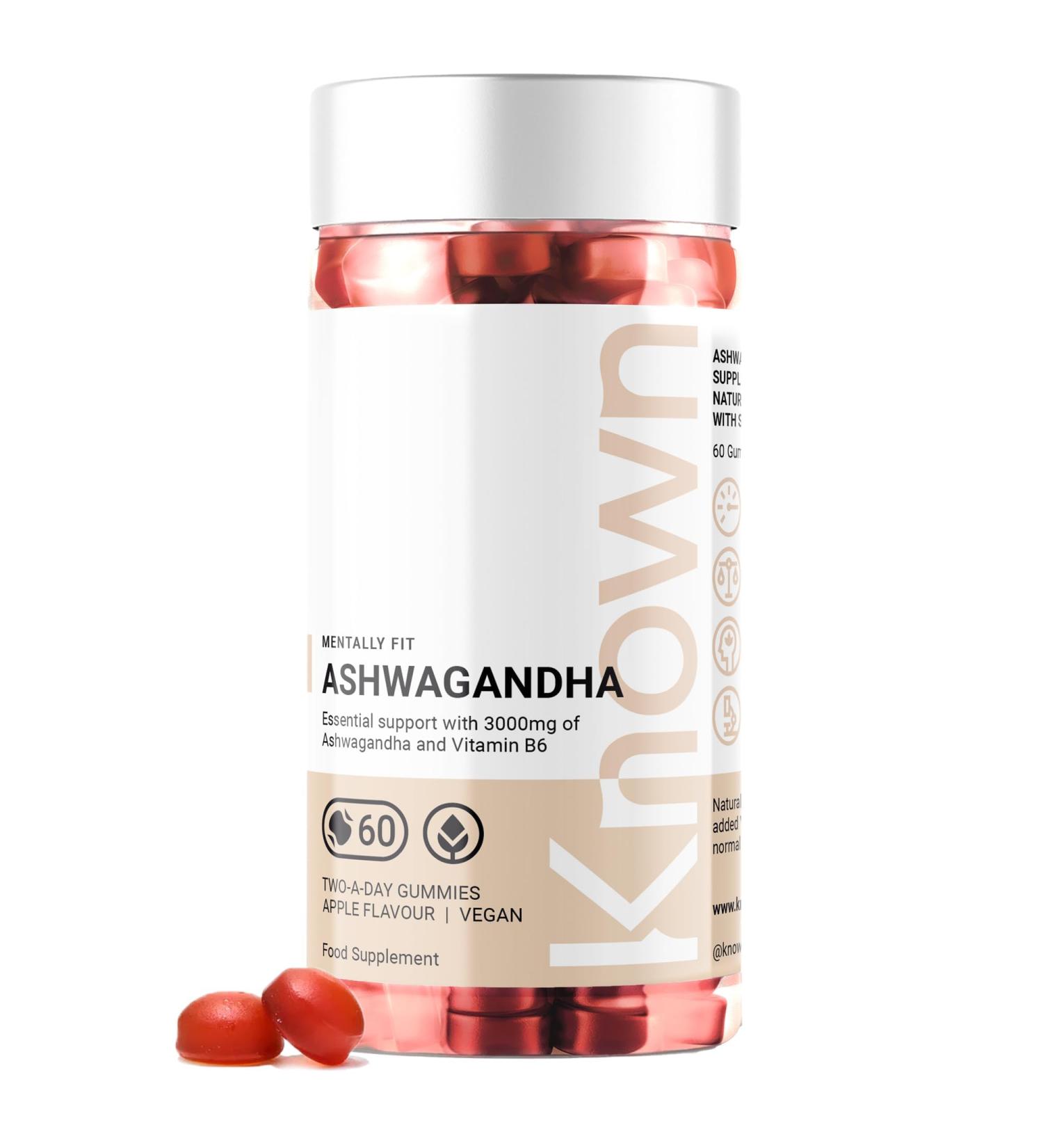 Ashwagandha Gummies 3000MG High Strength by Known Nutrition with Vitamin B6 | 120 Two-a-Day Gummies | Natural Botanical Extract | for Natural Stress Reduction | Apple Flavour (2 Months Supply) - Buy Online on GoSupps.com