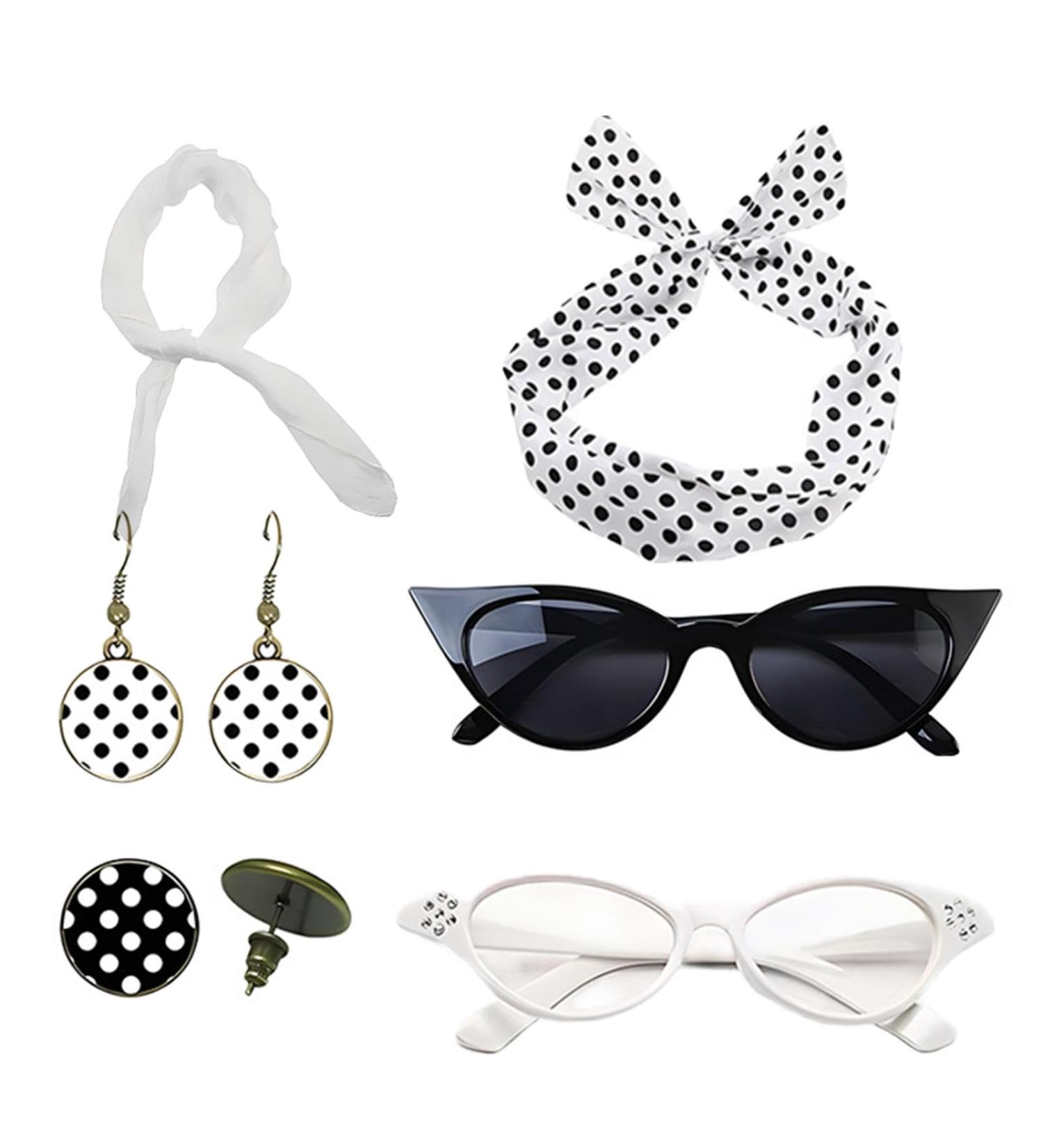 50s Accessories for Women Drop Earrings Headbands 1950s Outfi Set - Vintage Polka Dot Hair Bands with Chiffon Scarf Eye Glasses for Girls White One Size - Buy Online on GoSupps.com