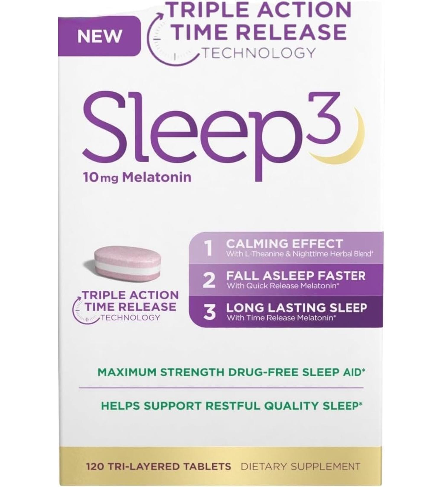 NB Sleep3 Triple Action Time Release Melatonin Sleep Aid 10mg Maximum Strength Drug-Free 120 Tri-Layered Tablets with L-Theanine