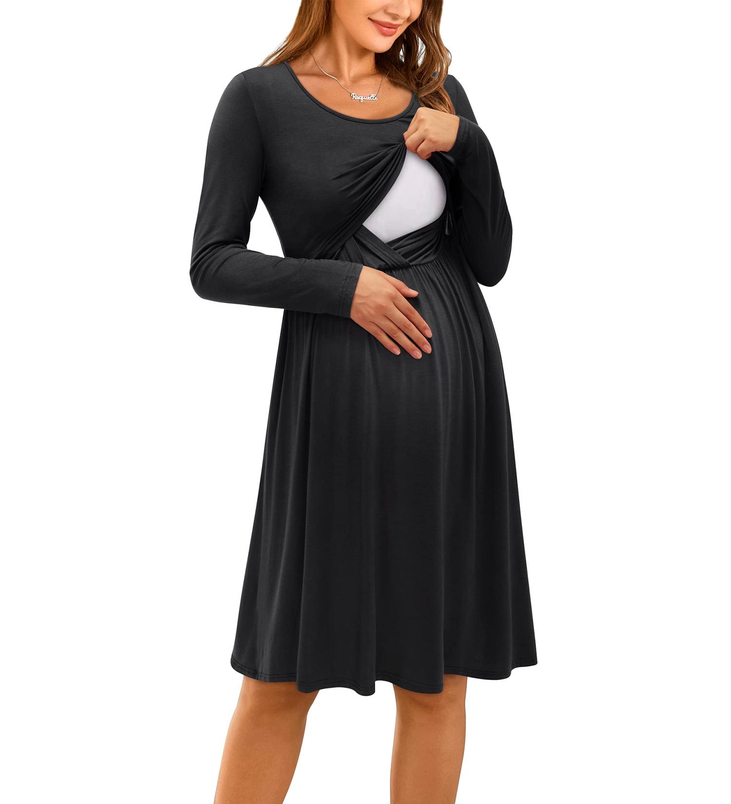 OUGES Women's V-Neck Floral Maternity Nursing Dress with Pockets | Black | Long/Short Sleeve | Casual and Comfortable - Buy Online on GoSupps.com