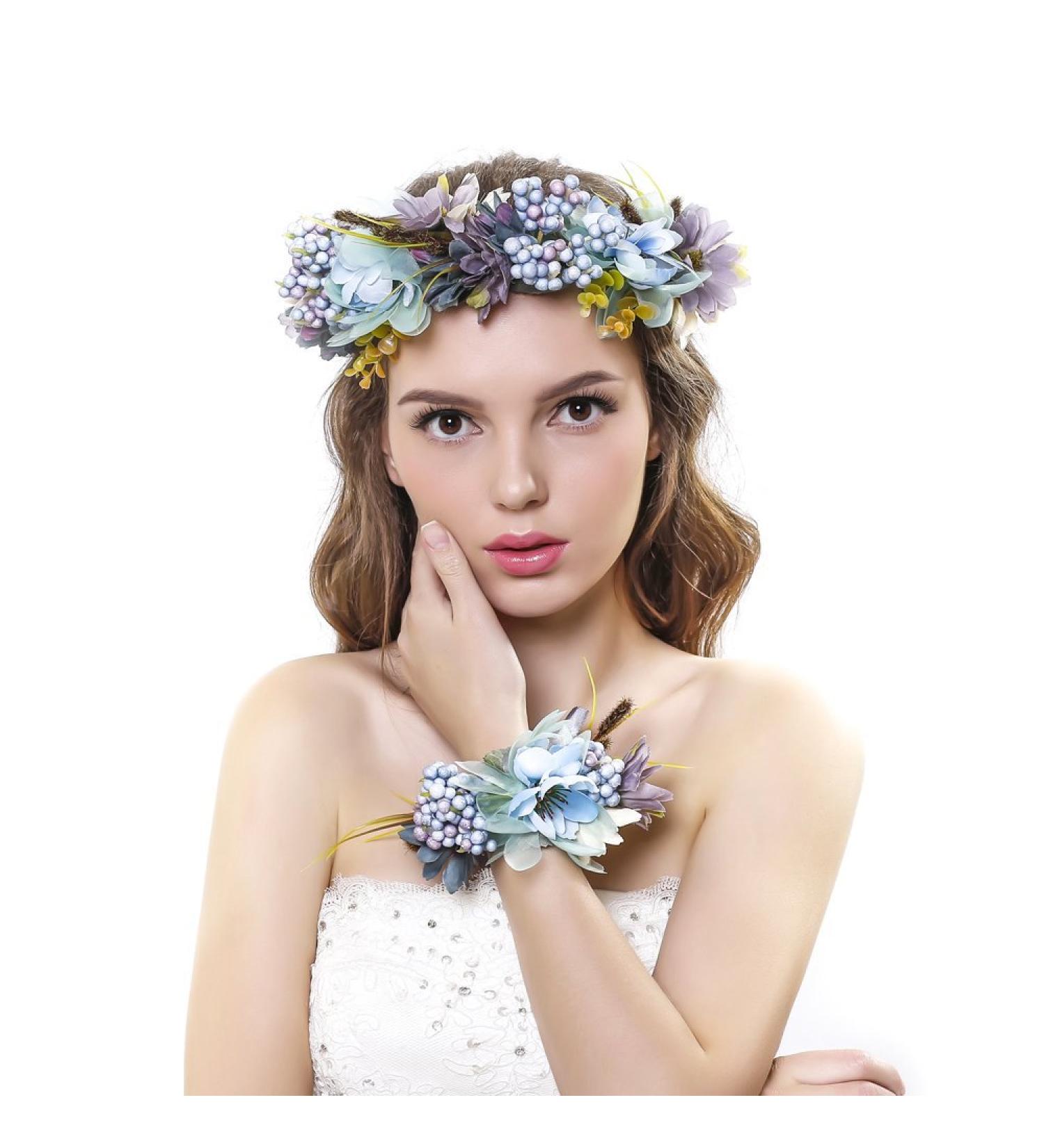 Ever Fairy Flower Wreath Crown Set | Blue Flower Garland Headband & Wristband for Women & Girls - Perfect for Weddings - Buy Online on GoSupps.com