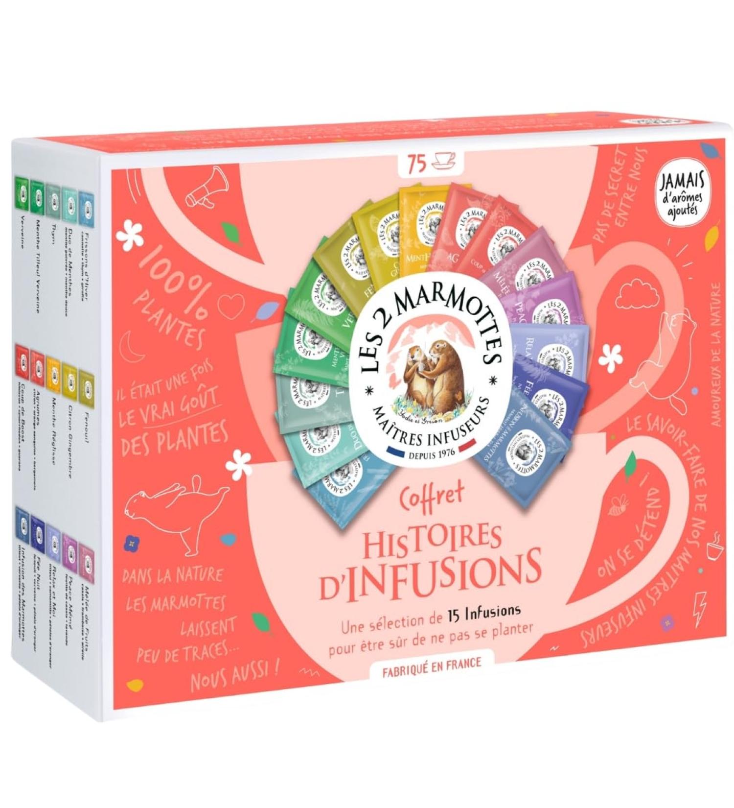 Les 2 Marmottes - Coffret Histoires d'Infusions 75 Sachets - 15 Tisanes - Amateurs de plantes inconditionnels des infusions - Made In France - Sans ar mes ajout s - 116g Histoires d'Infusions - 75 Sachets - Buy Online on GoSupps.com