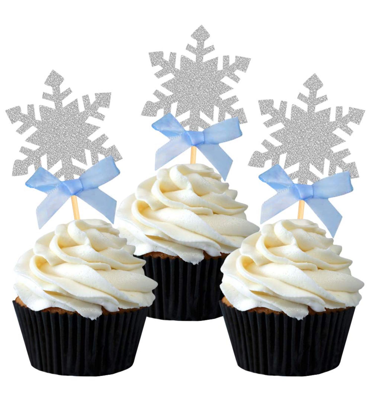 Snowflake Cupcake Topper with Blue Bow Cake Decoration for Winter Wonderland Themed Baby Shower Party Supplies Snowflake Food Pick - Set of 24 (blue) - Buy Online on GoSupps.com