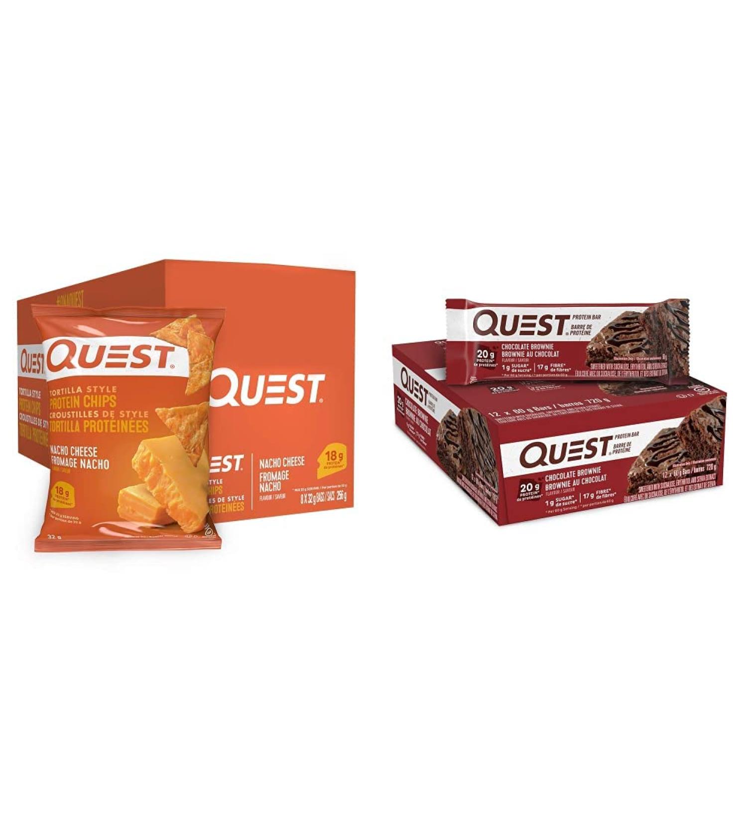 Quest Nutrition Nacho Cheese Flavour Tortilla Style Protein Chips Gluten Free Potato Free Nacho Cheese Pack of 8 & Chocolate Brownie Flavour Protein Bar High Protein Gluten Free 12-Count - Buy Online on GoSupps.com