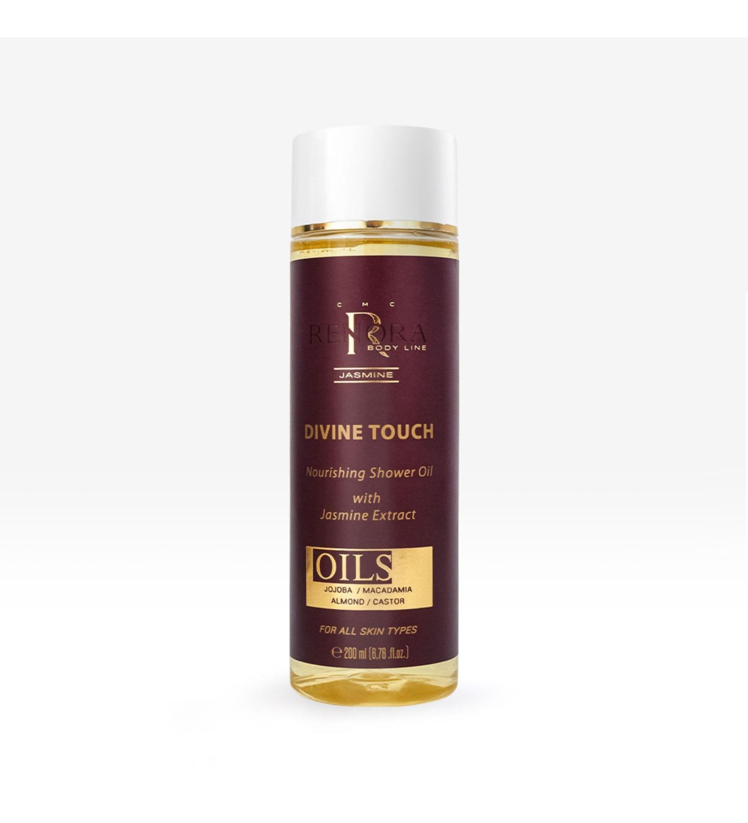 Renora | Nourishing Shower Oil | Divine Touch | Body Oil| Moisturising Soft Skin | Natural ingredients Jojoba Madamia and Almond Castor and Jasmine Oil | All Skin Types | 200 ml - Buy Online on GoSupps.com