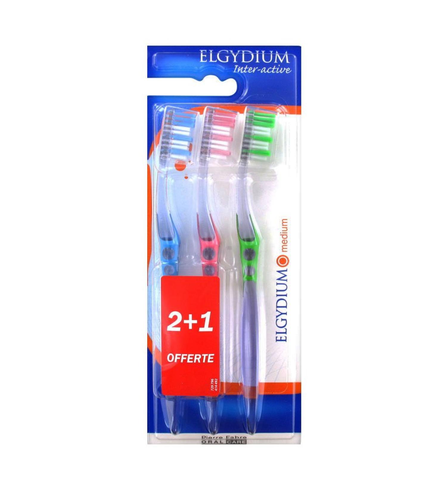 Elgydium Inter-Active Medium Toothbrush Pack of 3 Toothbrushes