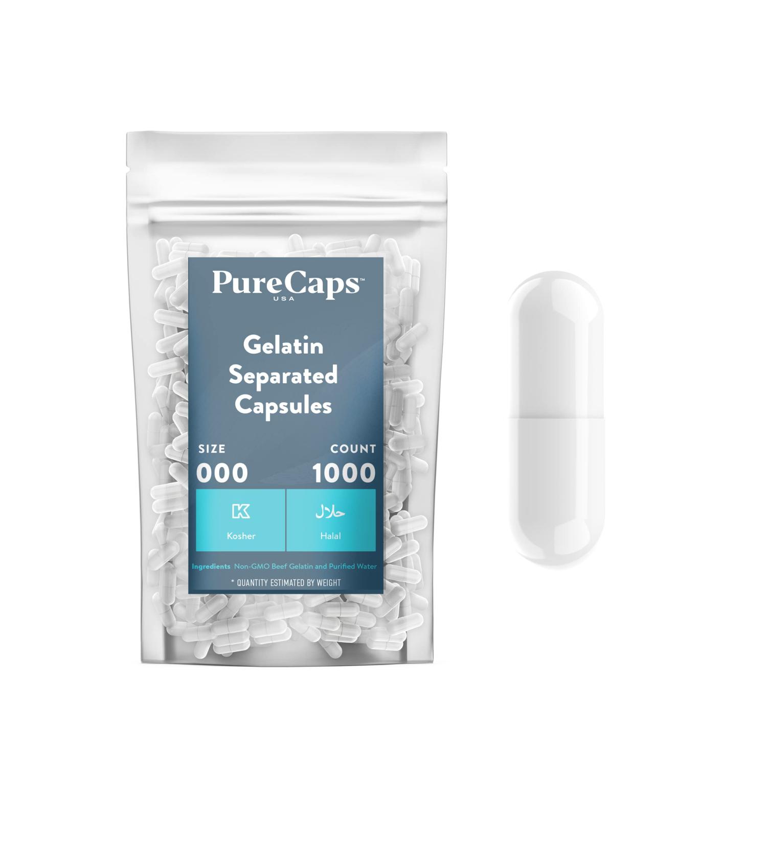 Purecaps USA Size 000 Empty White Gelatin Capsules - 1000 Separated Capsules - Fast Dissolving & Preservative Free - Buy Online on GoSupps.com