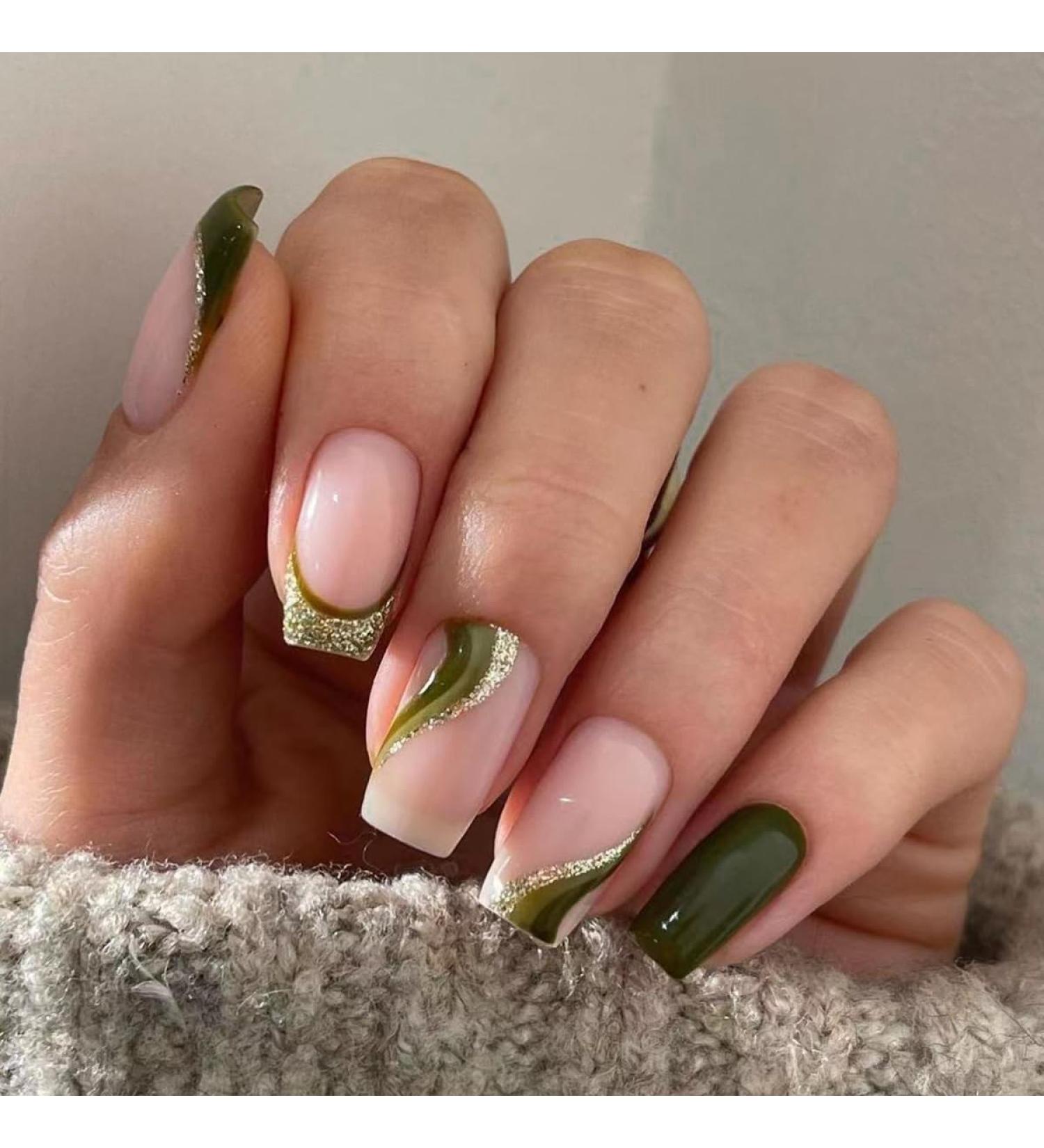 Mouyou Glow Press On Nails - Short Square Nude Dark Green French Gold Glitter Art with Nail Glue | Fashionable Fake Nails for Stunning Designs - Buy Online on GoSupps.com