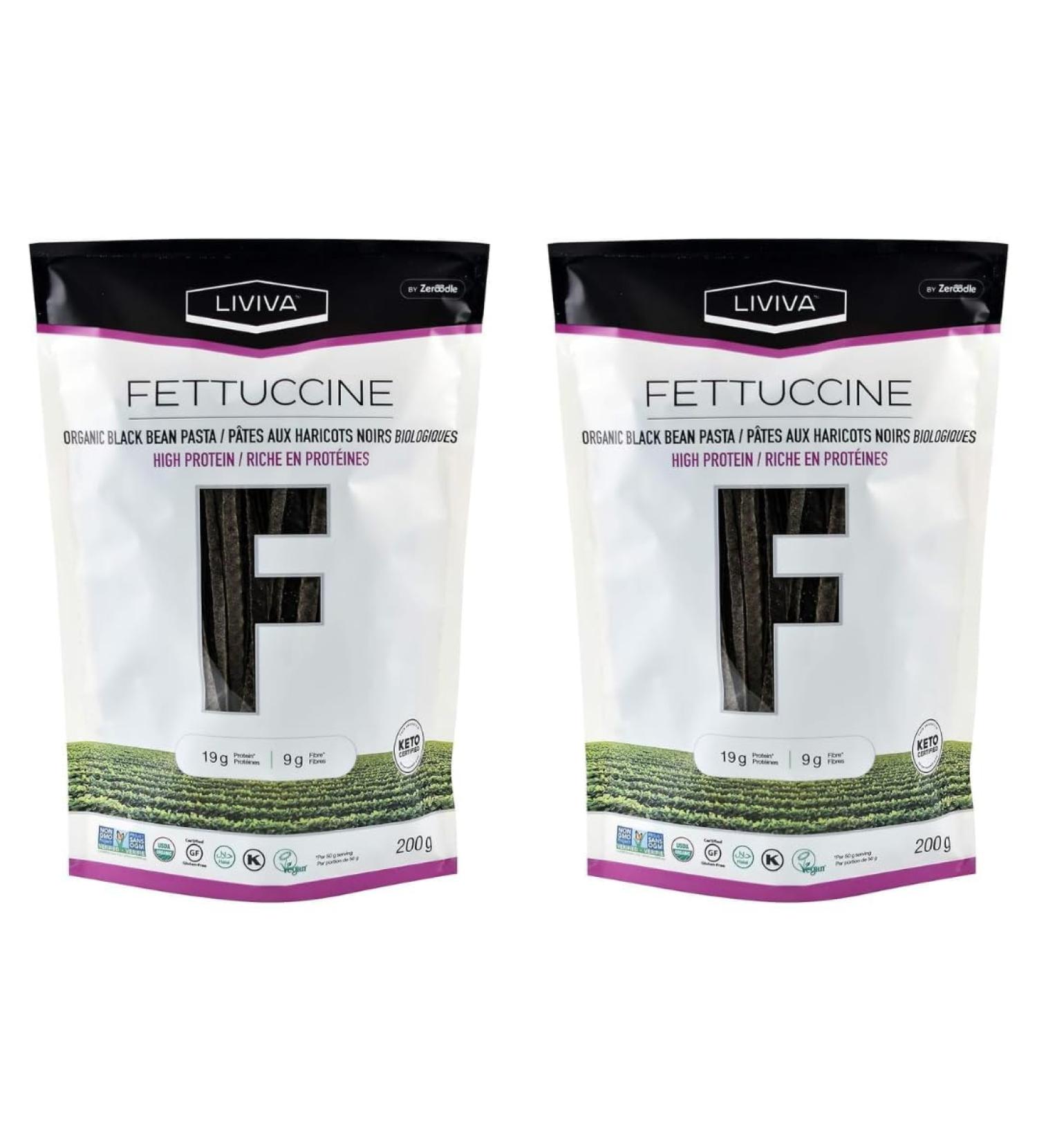 LIVIVA Organic Gluten Free Black Bean Fettuccine Noodle Pasta (2 Pk) 88 g Protein Bag - Certified Plant-Based Non-GMO Kosher Halal Vegan Keto Nutritious Pasta Plant-Based Protein Ready-to-Eat in minutes - Buy Online on GoSupps.com