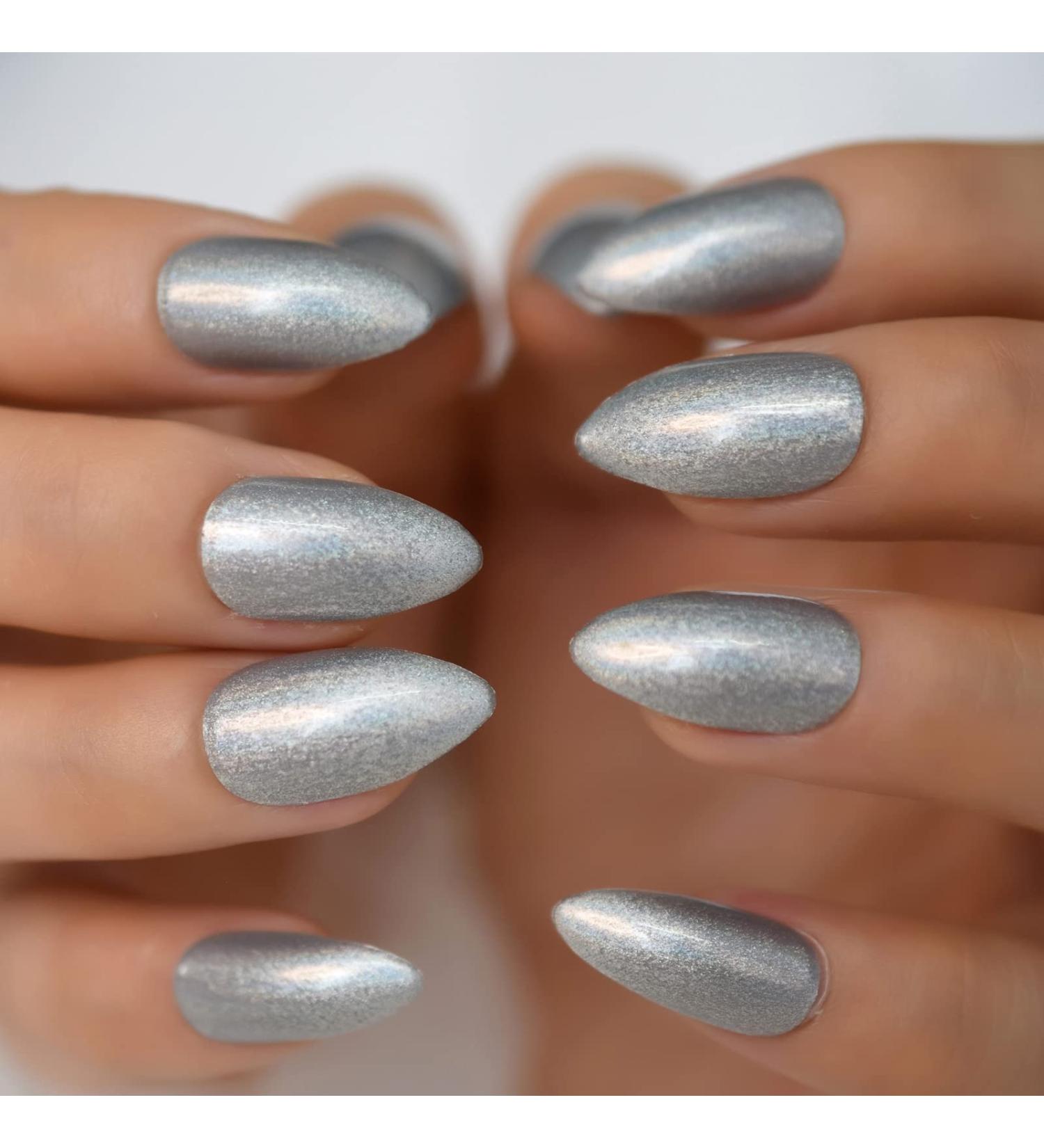 Laser Metallic Silver Wire Texture Artificial Nails - Short Almond Glossy Gel - 24pcs Acrylic Full Cover Kit - International Shipping - Buy Online on GoSupps.com