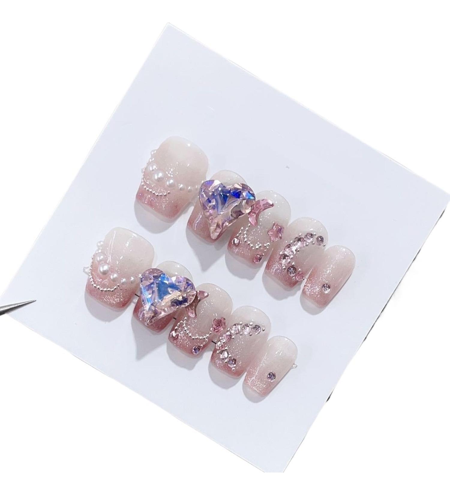 Handmade Wearing Nail Powder Cat Eye French Short Square Round Gentle Detachable Nail Patch(XS)