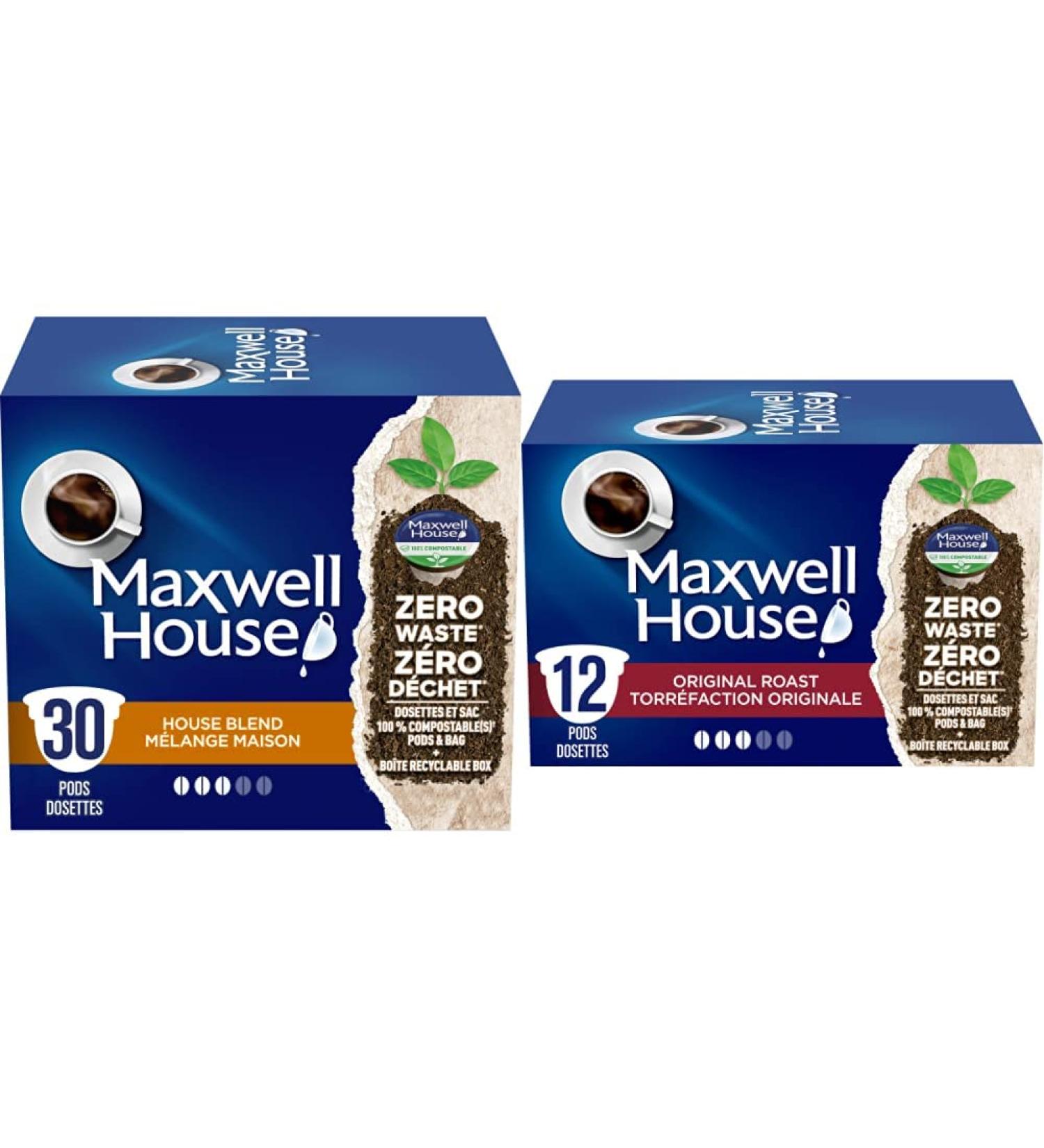 Maxwell House House Blend Coffee 100% Compostable K Cup Coffee Pods 292g & Original Roast Coffee 100% Compostable K Cup Coffee Pods 114g Coffee + Coffee Pods Original House Blend 30 Count (Pack of 1)
