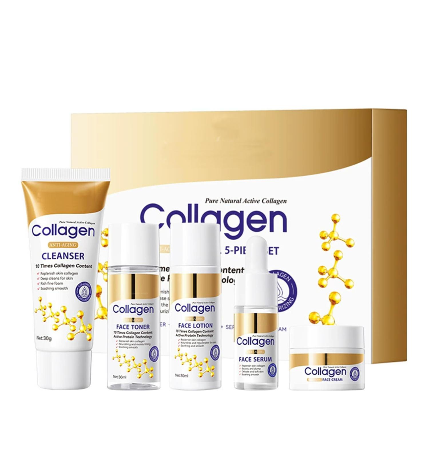 Collagen Skincare Set 5 Piece Hydrating Travel Kit with Cleanser Toner Lotion Serum Cream Firms Skin & Enhance Skin Elasticity for Smooth & Glow | Travel Size Skin Care Kit Box & Gift Set for Women - Buy Online on GoSupps.com