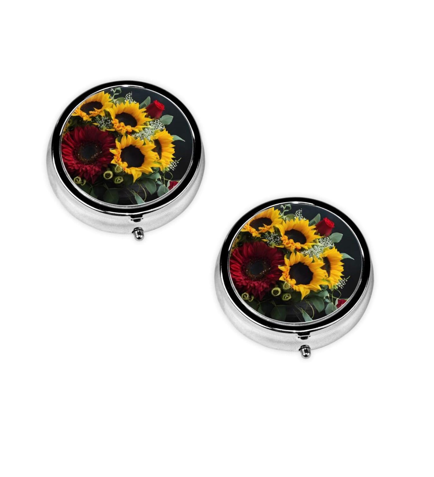 Sunflower & Rose Mini Round Pill Box - 3 Compartment Travel Organizer for Medicine | Portable Pill Organizer for Home & Office - Buy Online on GoSupps.com