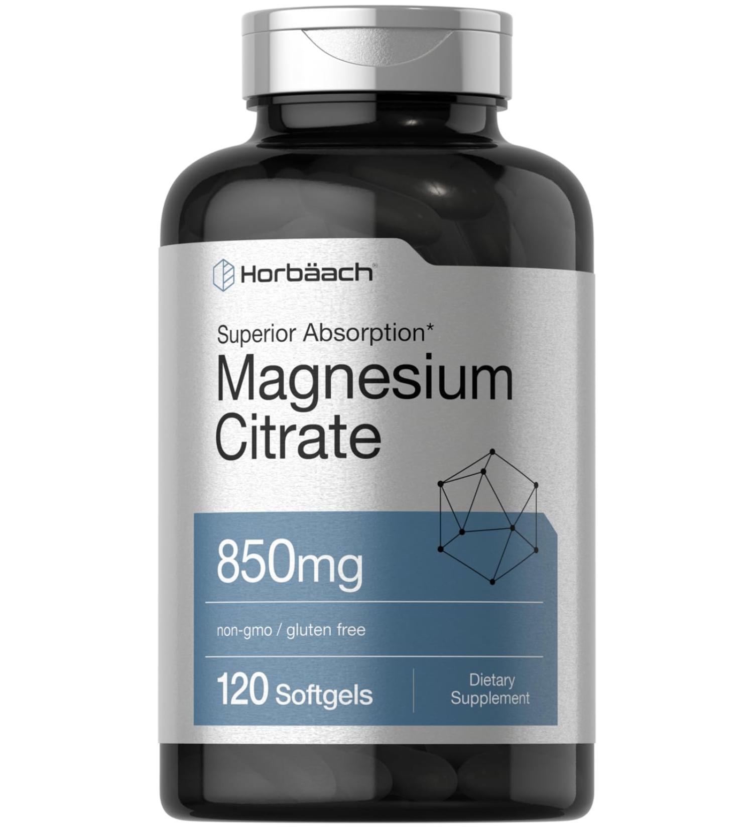 Horb ach Magnesium Citrate | 850mg | 120 Softgels | Superior Absorption | Non-GMO and Gluten Free Formula - Buy Online on GoSupps.com