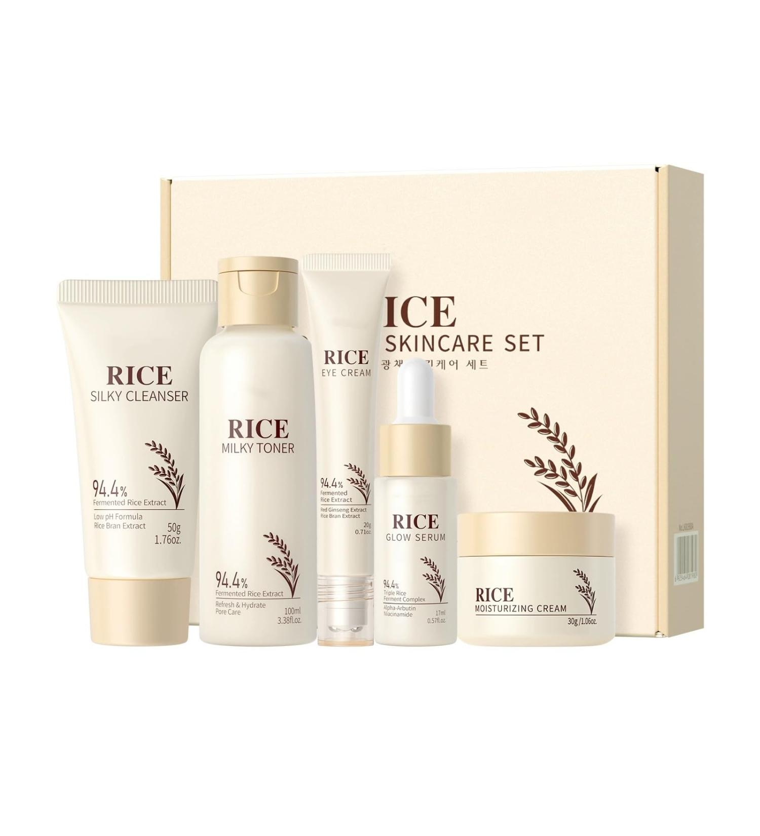 Moisturizing Korean Rice Skin Care Set Radiance Skincare 5-Step Routine with Rice Cleanser Toner Serum Face Cream Eye Cream Hyaluronic Acid & Ceramides for Glowing Skin All Skin Types - Buy Online on GoSupps.com