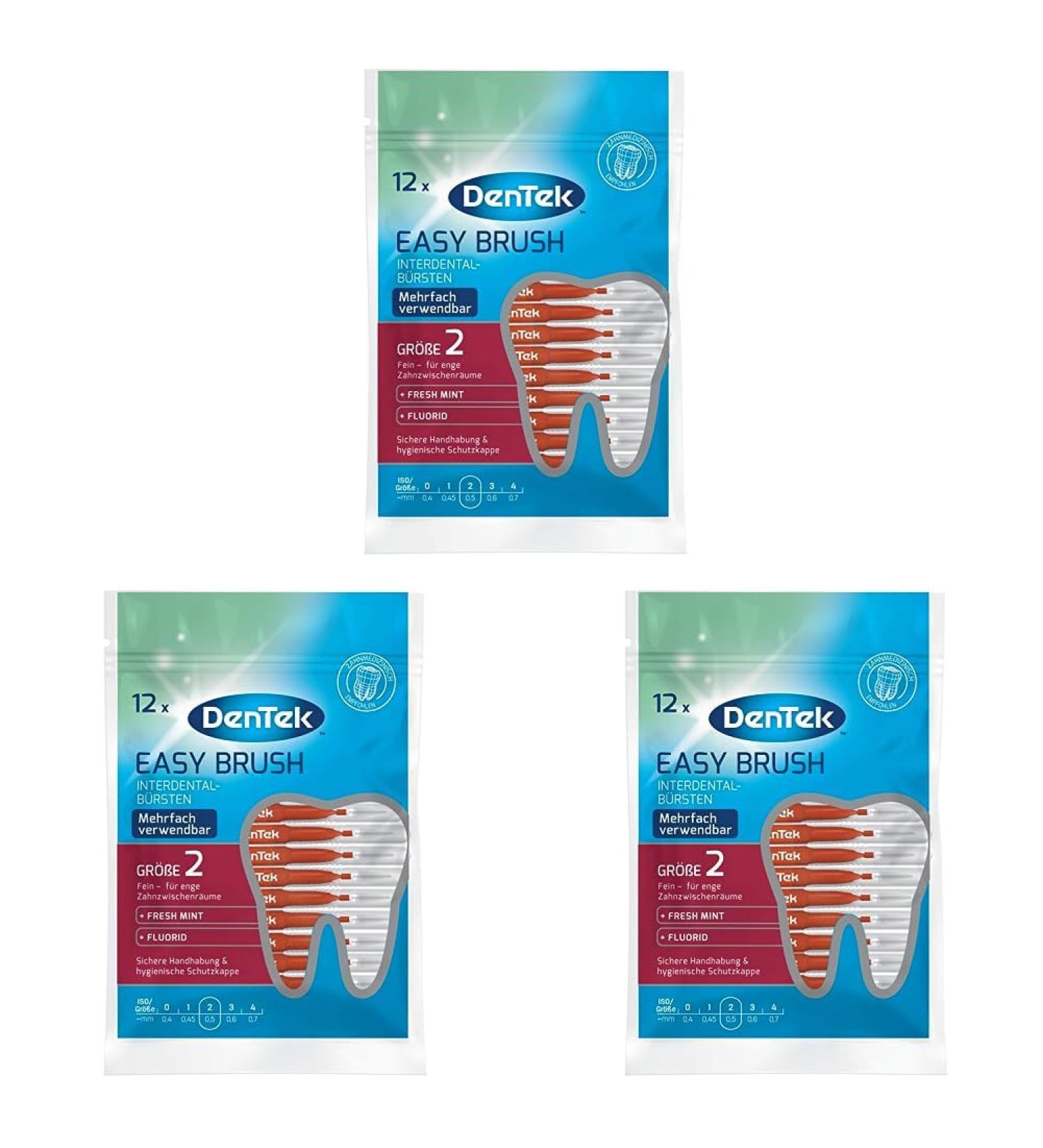 Dentek Easy Brush Interdental Brushes - ISO Size 2 Fine - 12 Mint-Flavored Brushes with Hygienic Cap | Perfect for Tight Spaces - 3 Pack - Buy Online on GoSupps.com