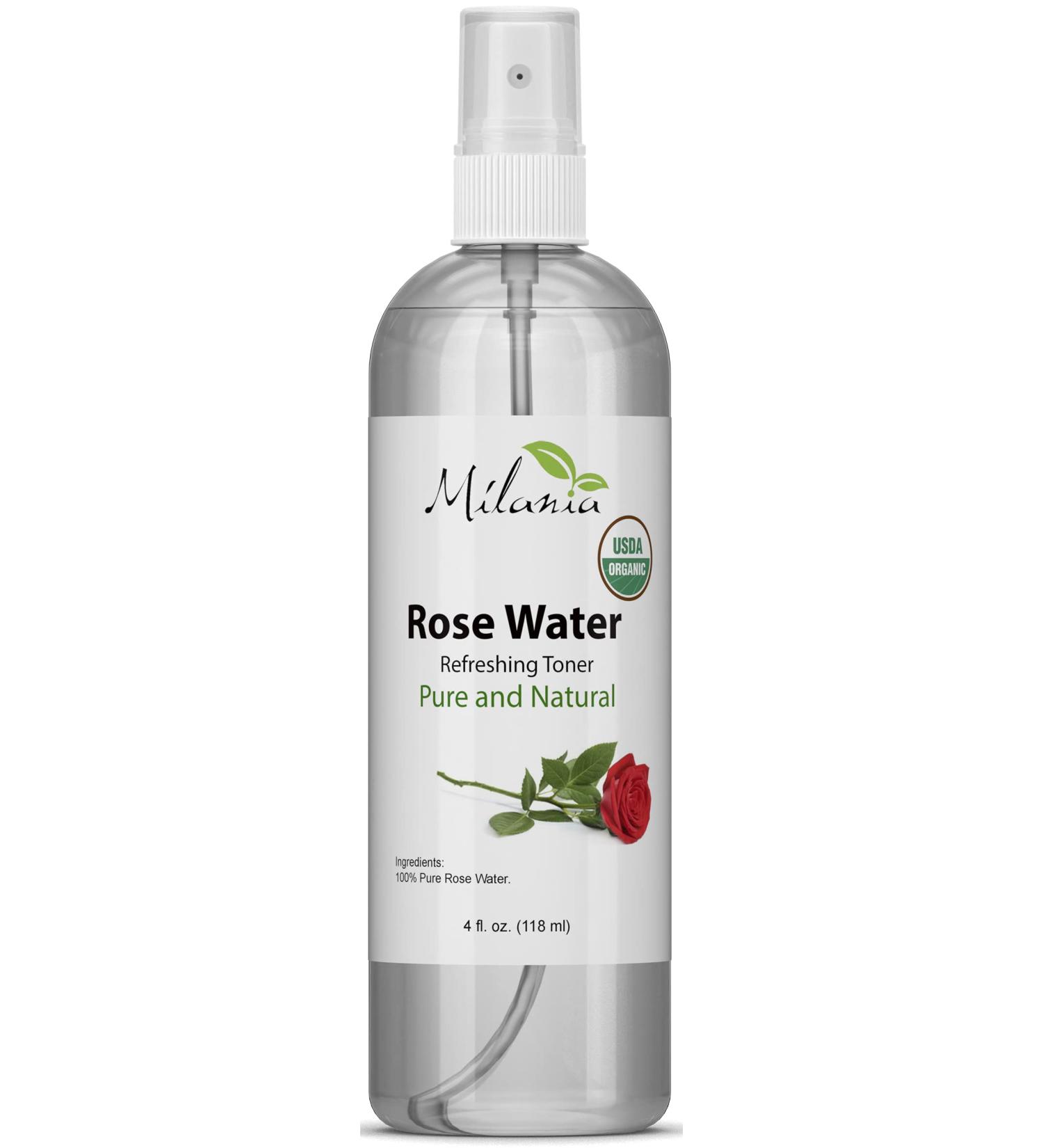 Milania Organic Rose Water Spray for Face and Hair - 4 oz | Natural Facial Toner, Pore Minimizer, Redness Reducer | Revitalizing Mist for Nourished, Moisturized, Hydrated Skin - Buy Online on GoSupps.com