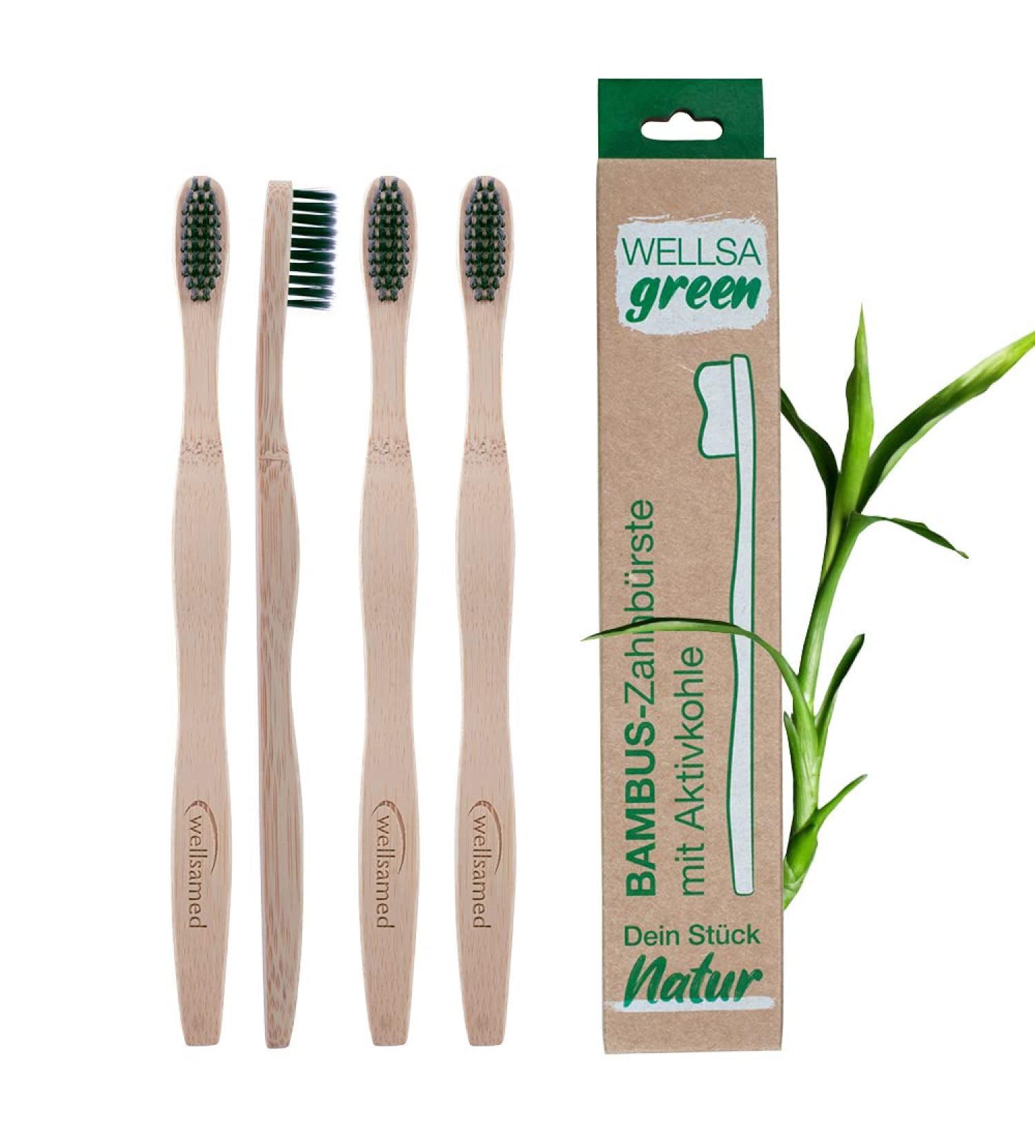 Wellsamed Wellsagreen 4-Pack Bamboo Toothbrushes - Eco-Friendly Soft Activated Carbon Bristles for Sustainable Oral Care - Buy Online on GoSupps.com