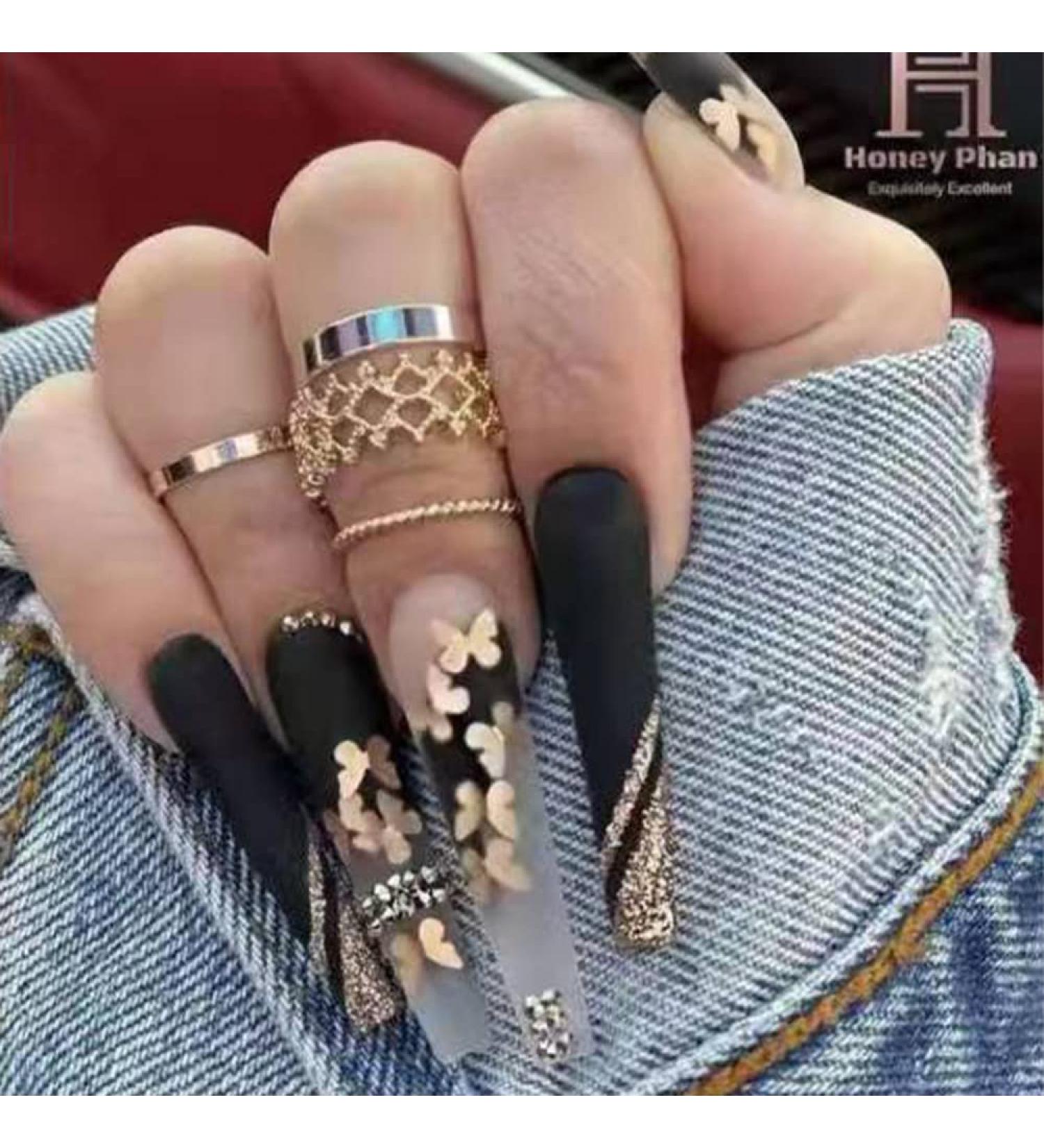Xerling Black Gothic False Nails - Butterfly Gold Glitter Charms Rhinestones Matte Coffin Press On Nails for Women & Girls - 24 Pcs (Pattern D - Buy Online on GoSupps.com
