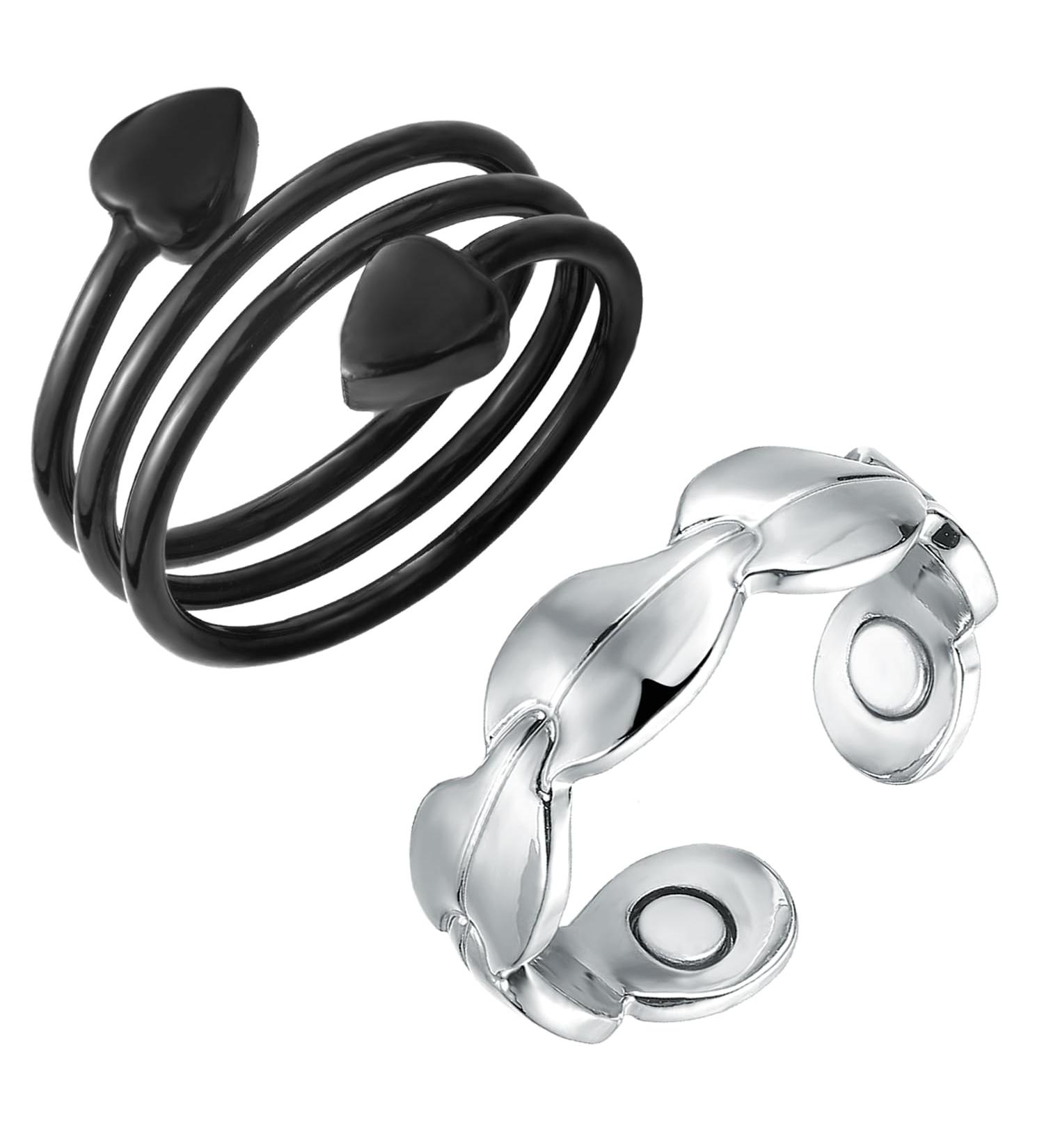 MagEnergy Pure Copper Magnetic Rings - Adjustable for Women - Set of 2 - Black+Leaf - With Jewelry Gift Box - Buy Online on GoSupps.com