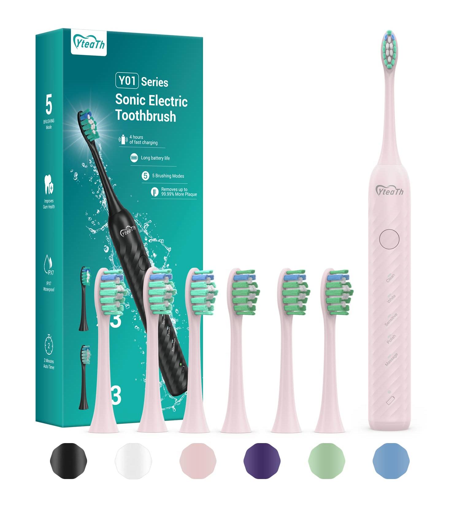Electric Toothbrush for Adults with 6 Brush Heads - Sonic Toothbrush with Holder & Travel Case - Type C Cable - Pink - 1 Count - Buy Online on GoSupps.com