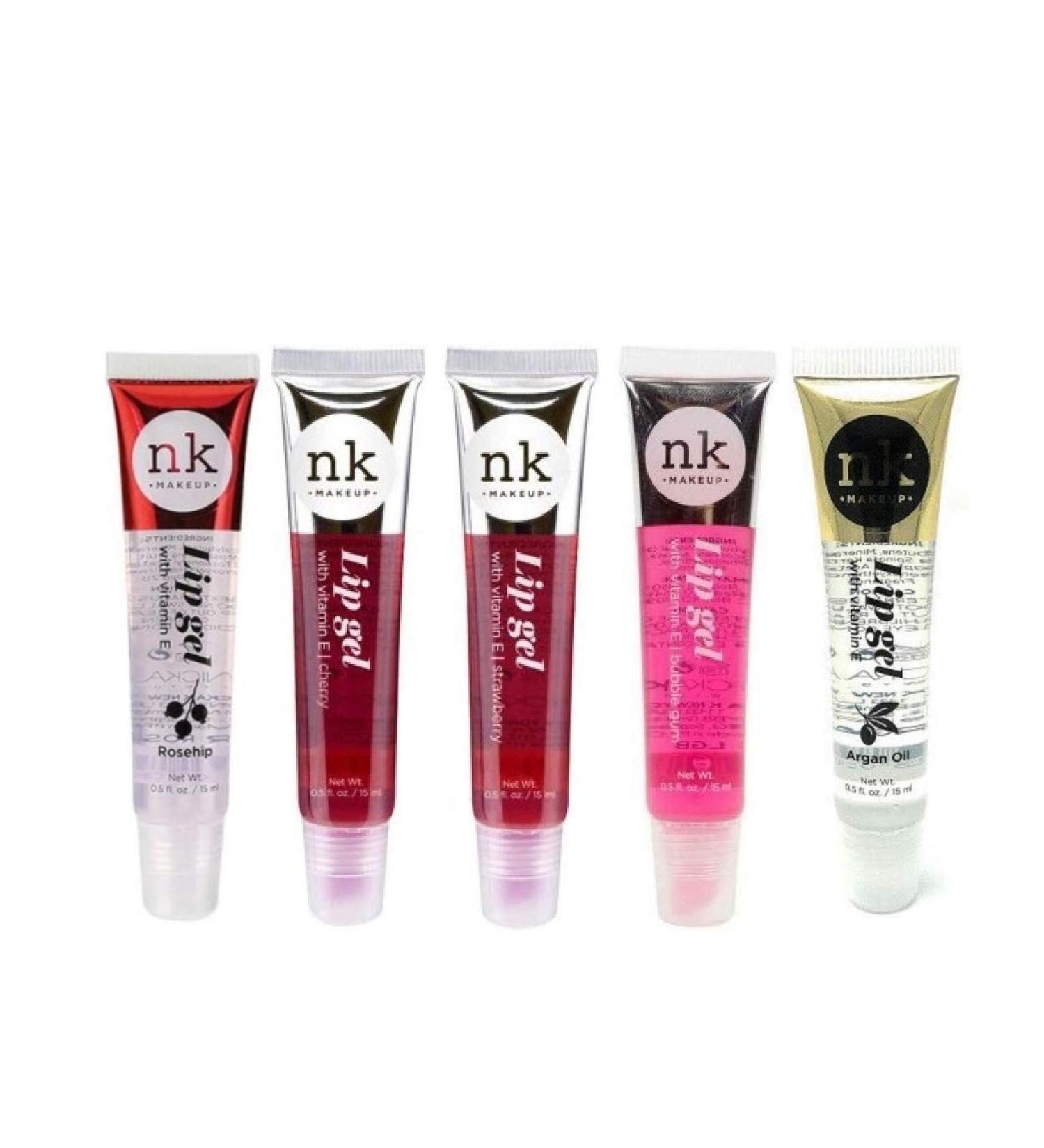 Nicka K New York 5 PACK NK Lip Gel with Vitamin E - Bubble Gum, Argan, Strawberry, Cherry, and Rosehip Lip Gloss - Buy Online on GoSupps.com