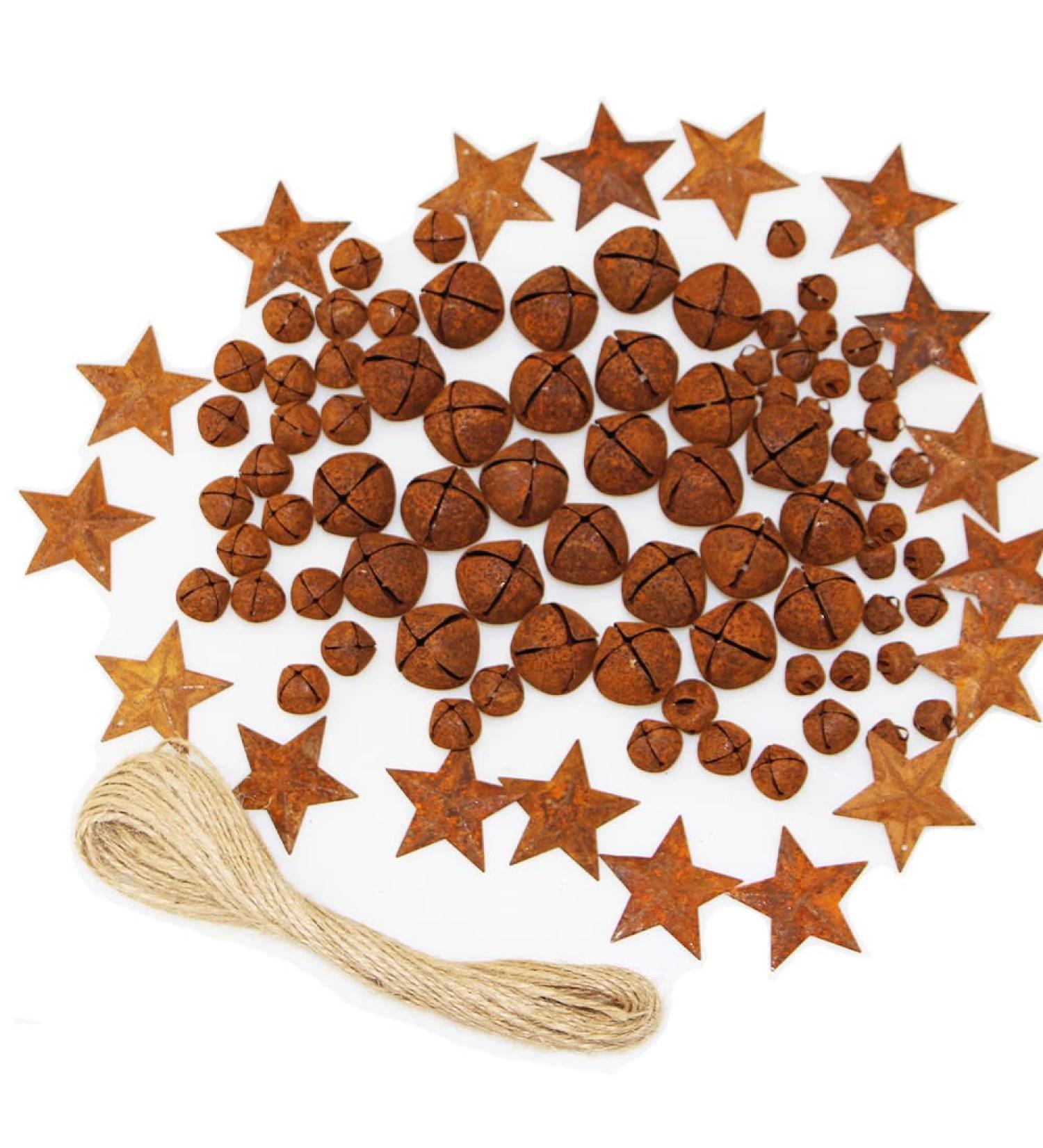 Vintage Rusty Jingle Bells Kit - 75 Mixed Size Bells, 20 Rustic Metal Stars, Jute Rope Ribbon - for Primitive Crafts & Holiday Decor - Buy Online on GoSupps.com