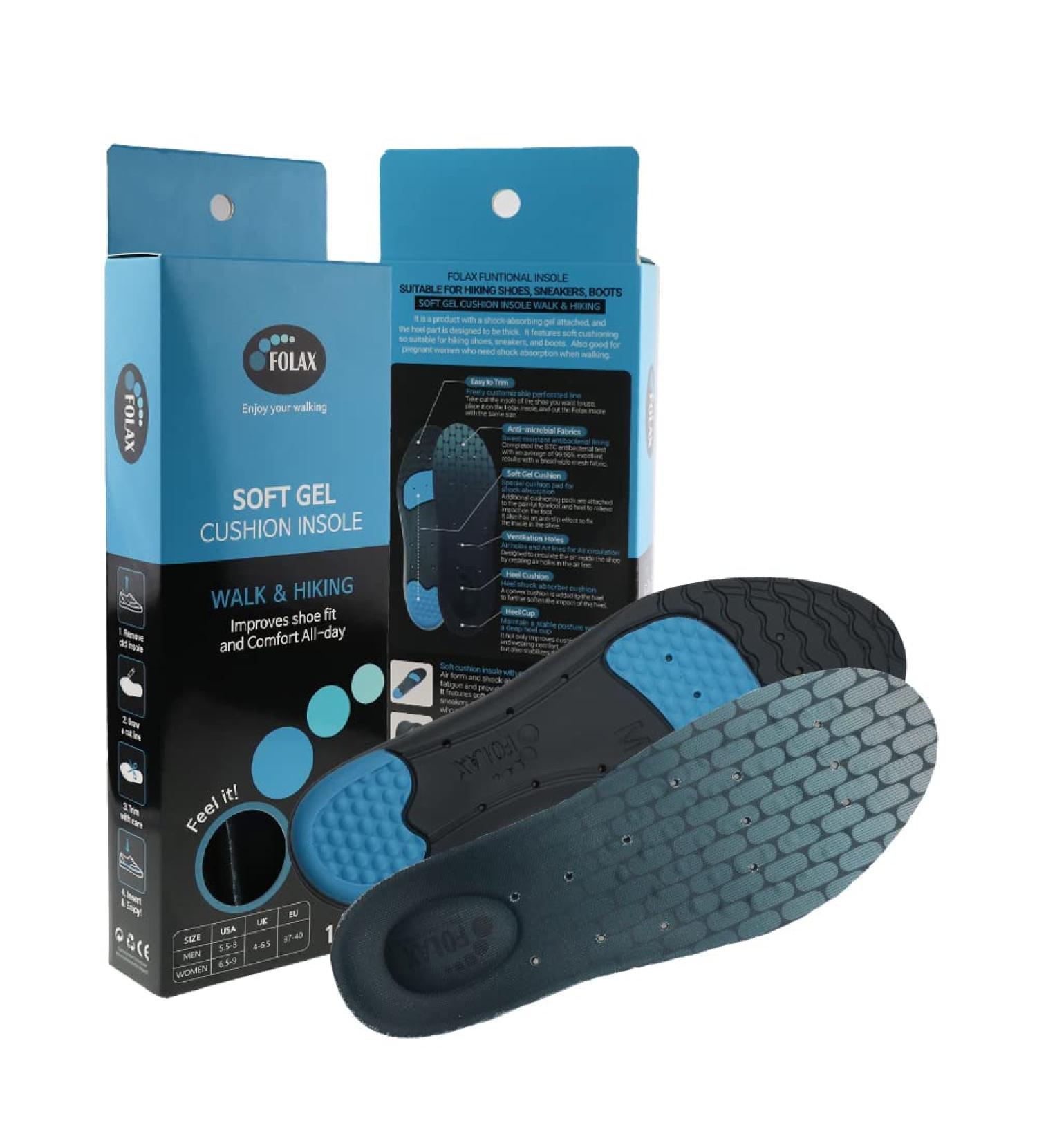 FOLAX Soft Gel Cushion Insoles - Large Size for Walk & Hiking - Shock-Absorbing Arch-Support Orthotics with Air Memory Foam - Buy Online on GoSupps.com