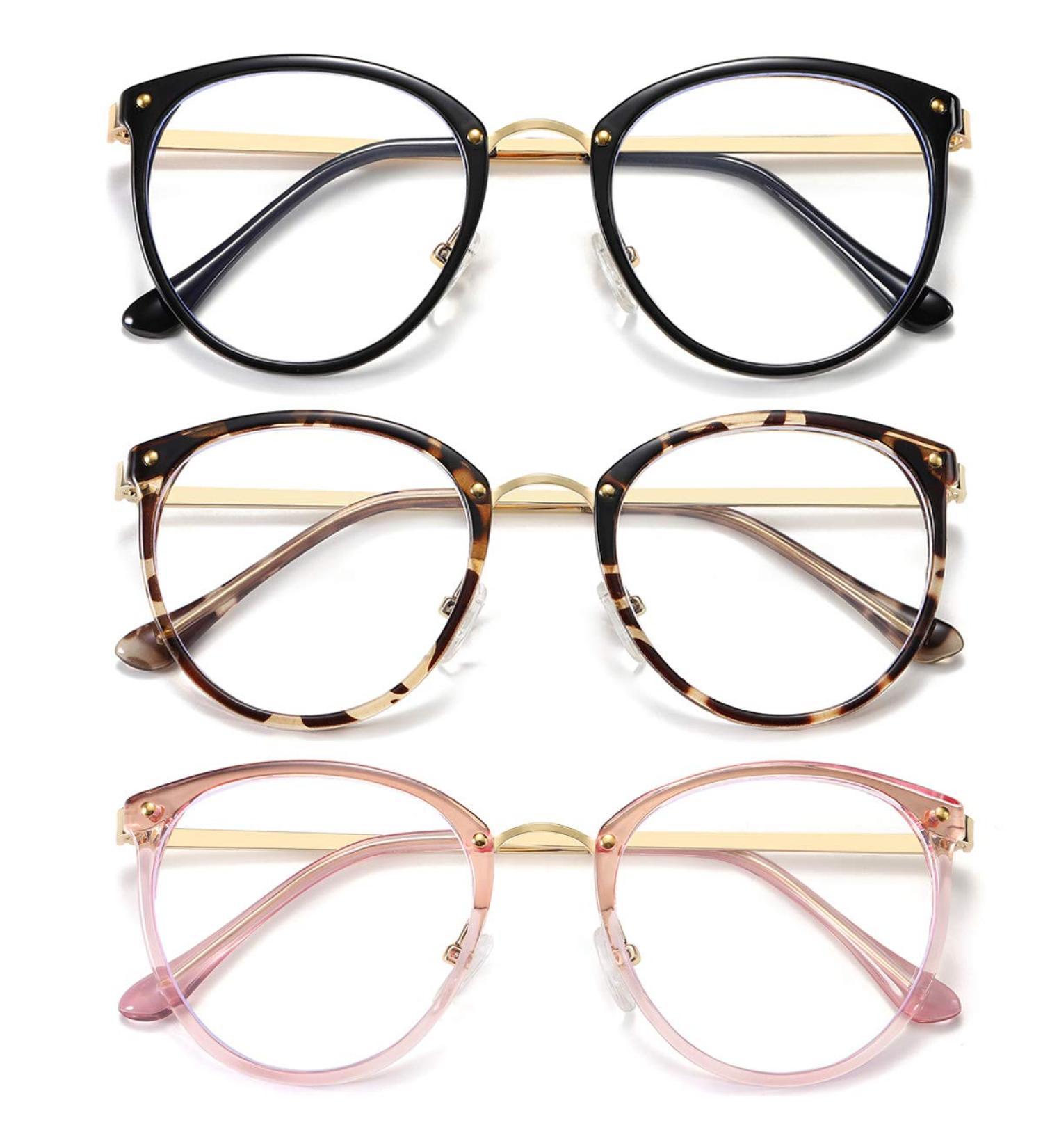 3 Pack Blue Light Blocking Glasses for Men & Women - Stylish Metal Frame Eyewear (Black Leopard Pink) - Reduce Eye Strain - Buy Online on GoSupps.com