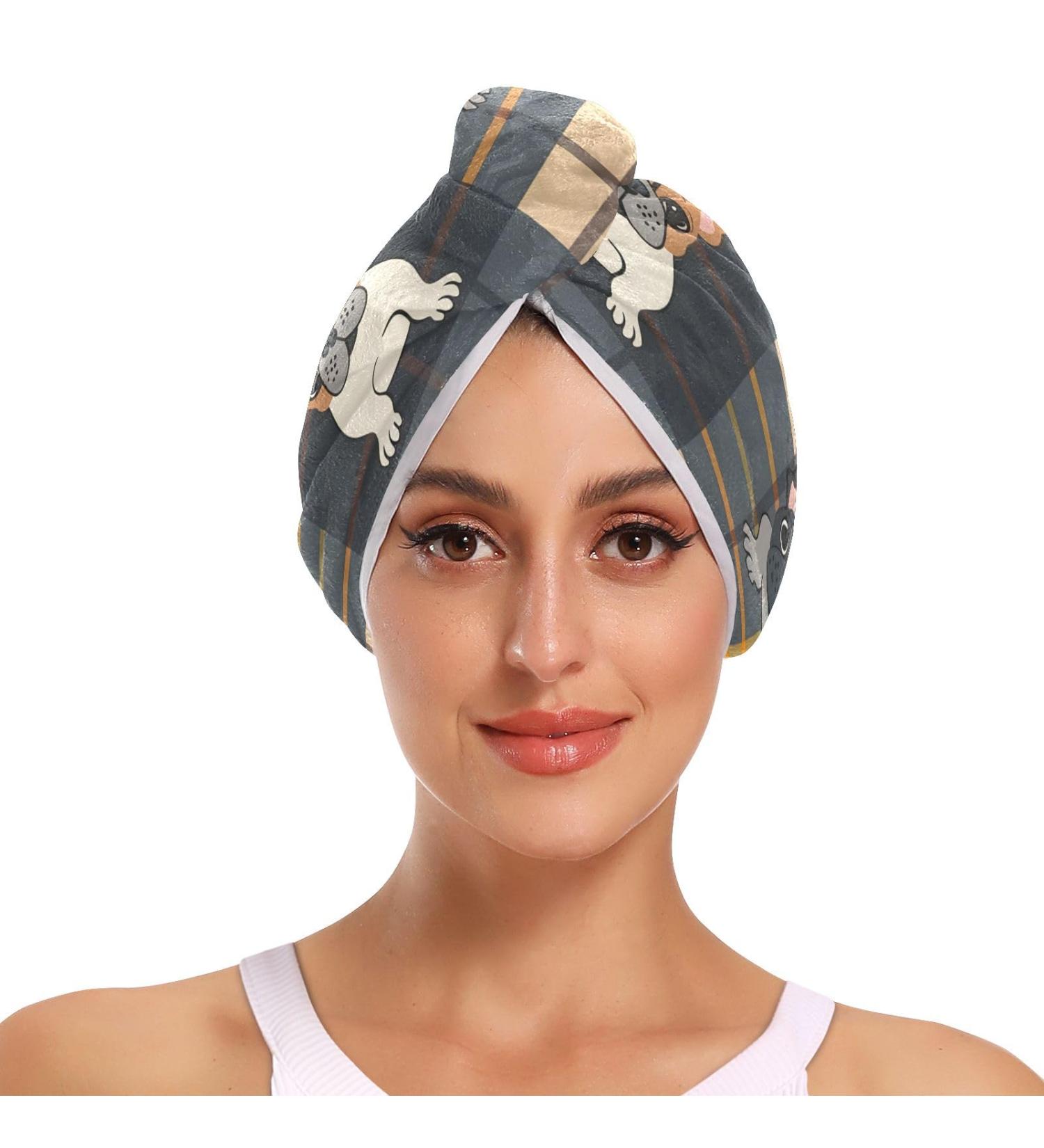 Bulldog Plaid Pattern Hair Towels 2 Pack - Super Absorbent Quick Dry Hair Turbans for Women & Girls - Buy Online on GoSupps.com