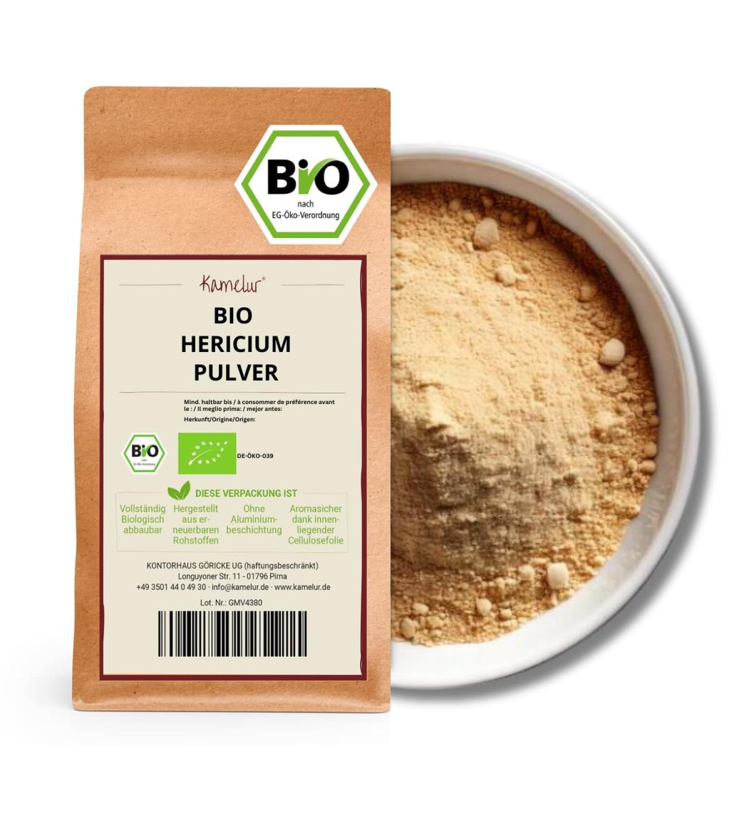 Kamelur Bio Hericium Powder 100g - Lion's Mane Mushroom Powder without Additives Asian Foods - Organic Mushrooms from Controlled Organic Farming - Buy Online on GoSupps.com