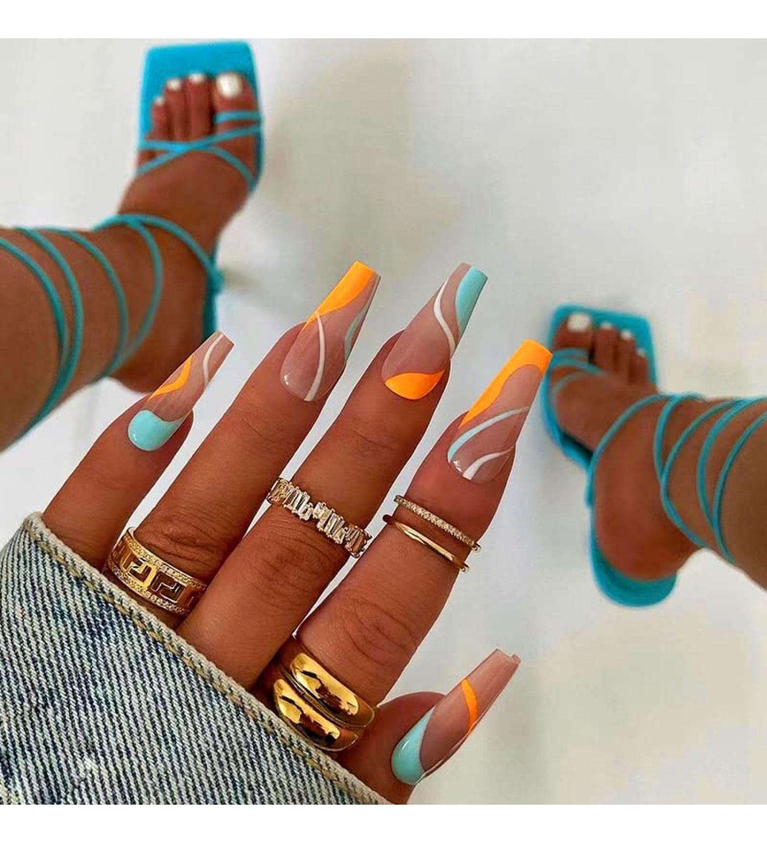 YOSOMK Long Press-on Nails - Orange Green Swirl Acrylic Artificial Nails for Women with Glue - Buy Online on GoSupps.com