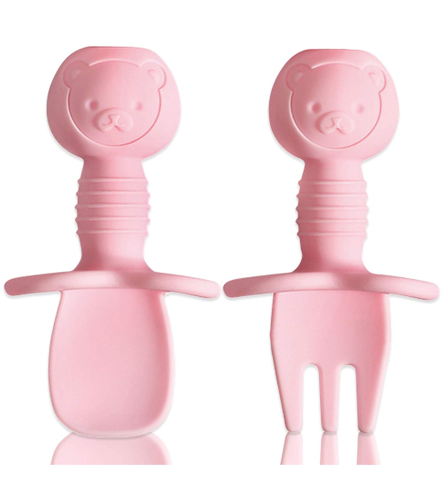 Baby Silicone Self-Feeding Fork and Spoon Set - Gum-Friendly First Stage Utensils for Baby Led Weaning (6 Months+) - Pink - Buy Online on GoSupps.com