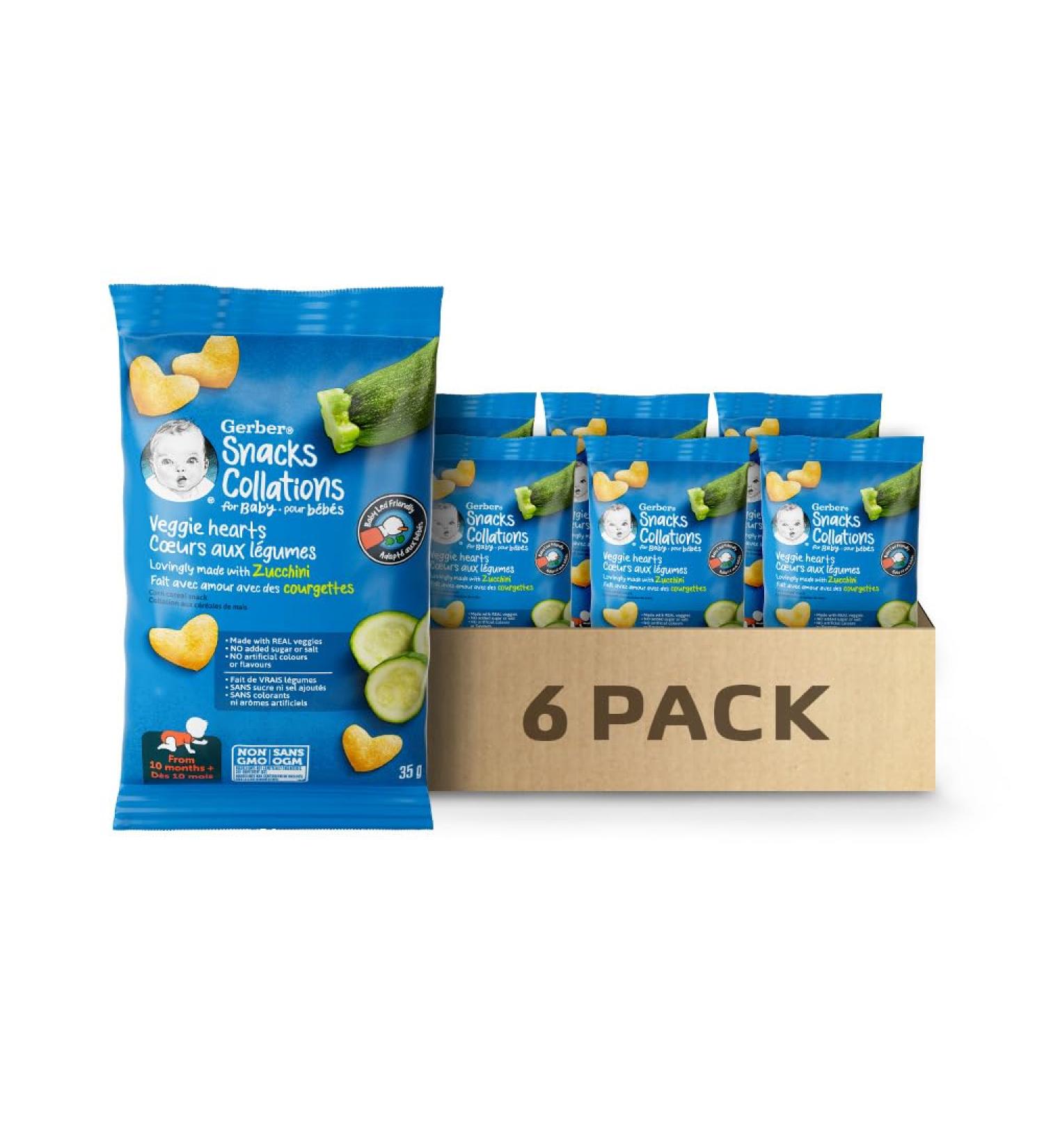 GERBER Veggie Hearts Zucchini Baby Snacks 10 Months & Up Source Of Vitamin B1 Iron & Zinc 3g Whole Grains Made with Real Zucchini No Artificial Flavours or Colours No Added Sugar No Added Salt Case of 6 210 g - Buy Online on GoSupps.com