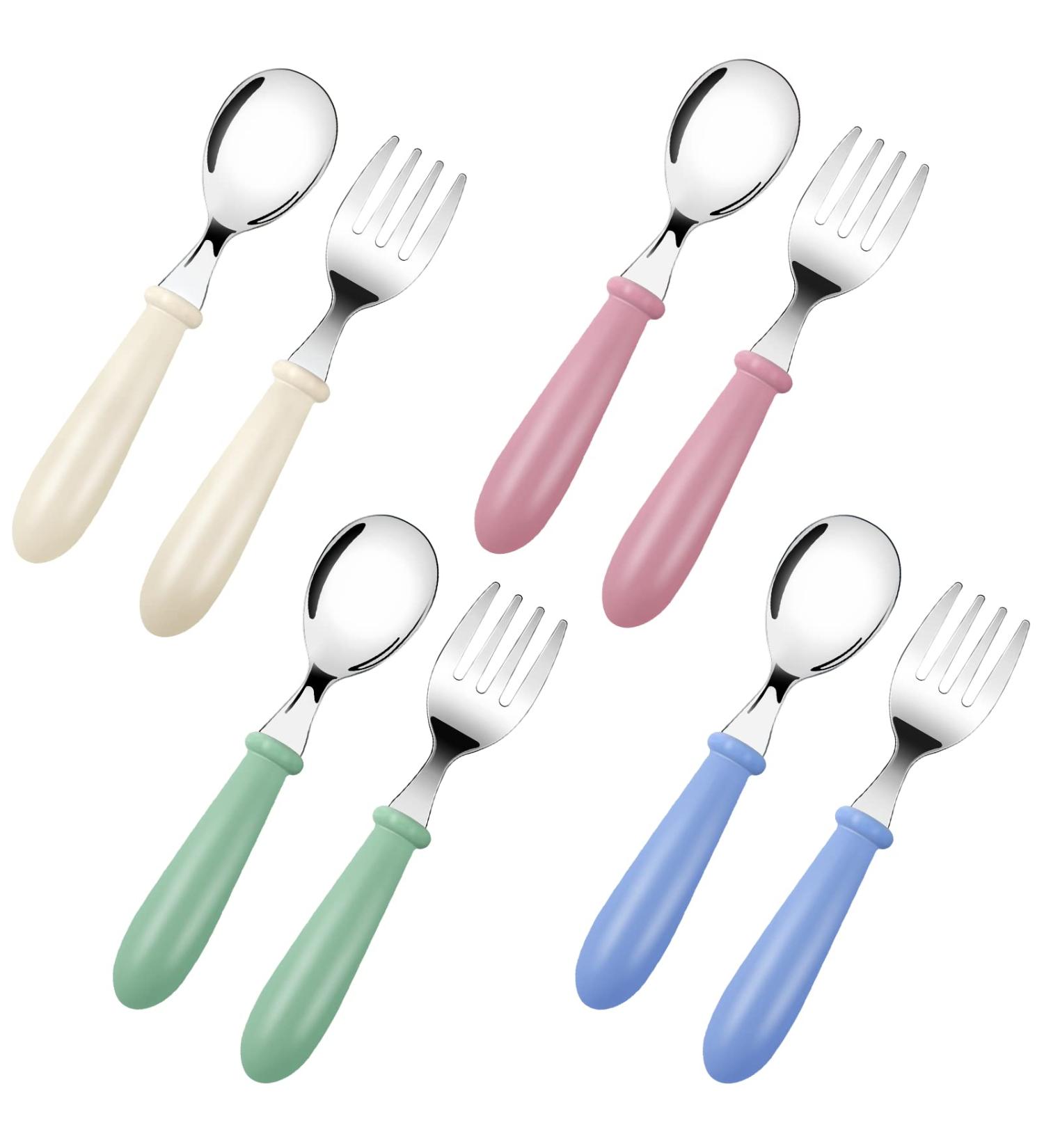 Bomtop Baby Fork and Spoon Set - Stainless Steel 8pcs Children's Cutlery for Toddlers - Includes 4 Forks & 4 Dinner Spoons in Green, Blue, Pink, White - Kids Feeding and Weaning Utensils - Buy Online on GoSupps.com