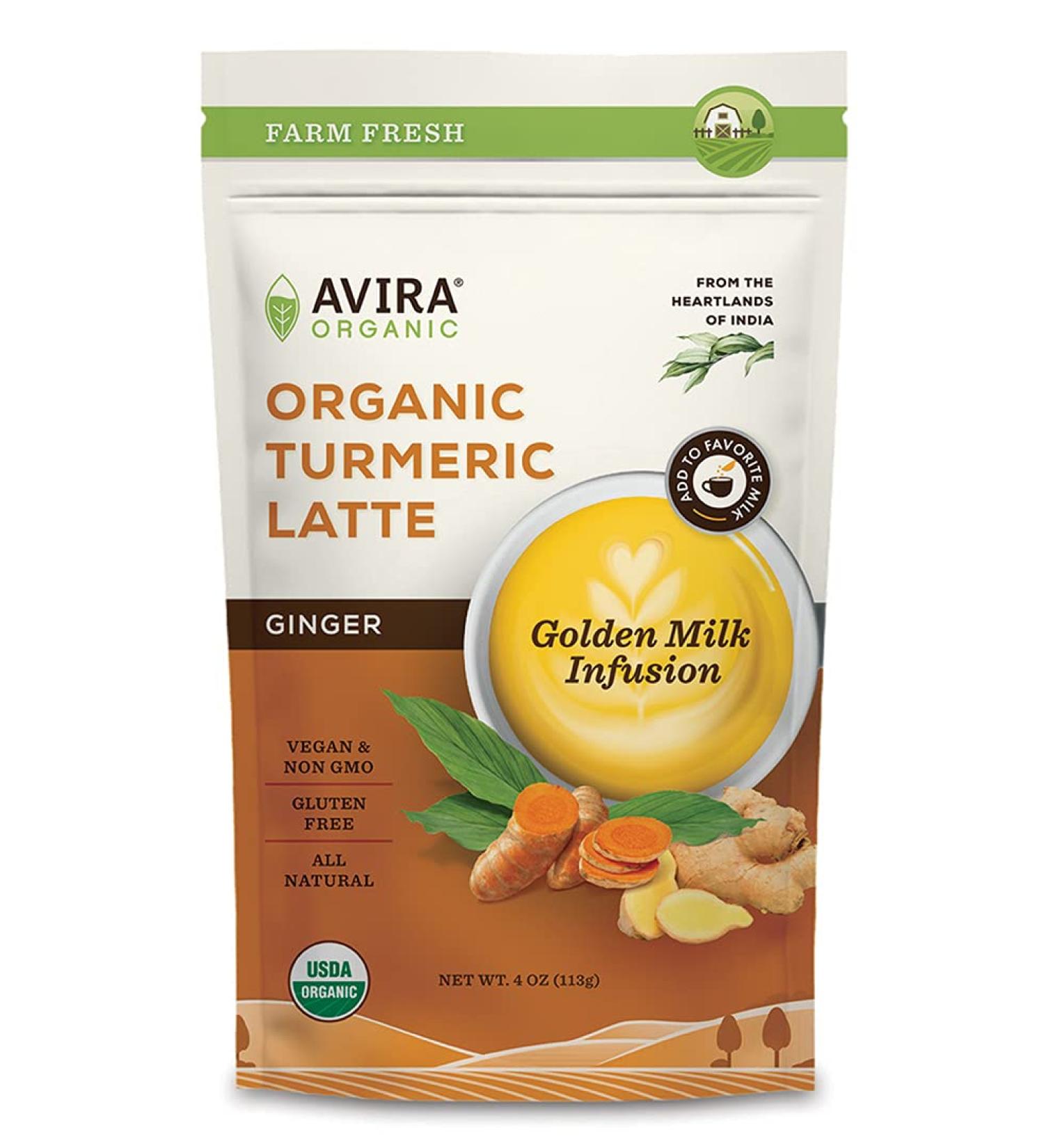 Avira Organic Turmeric Latte Ginger 4oz - Curcumin, Vanilla, Black Pepper, Cinnamon, Cardamom - Superfood Golden Milk Infusion - Vegan & All Natural - Buy Online on GoSupps.com
