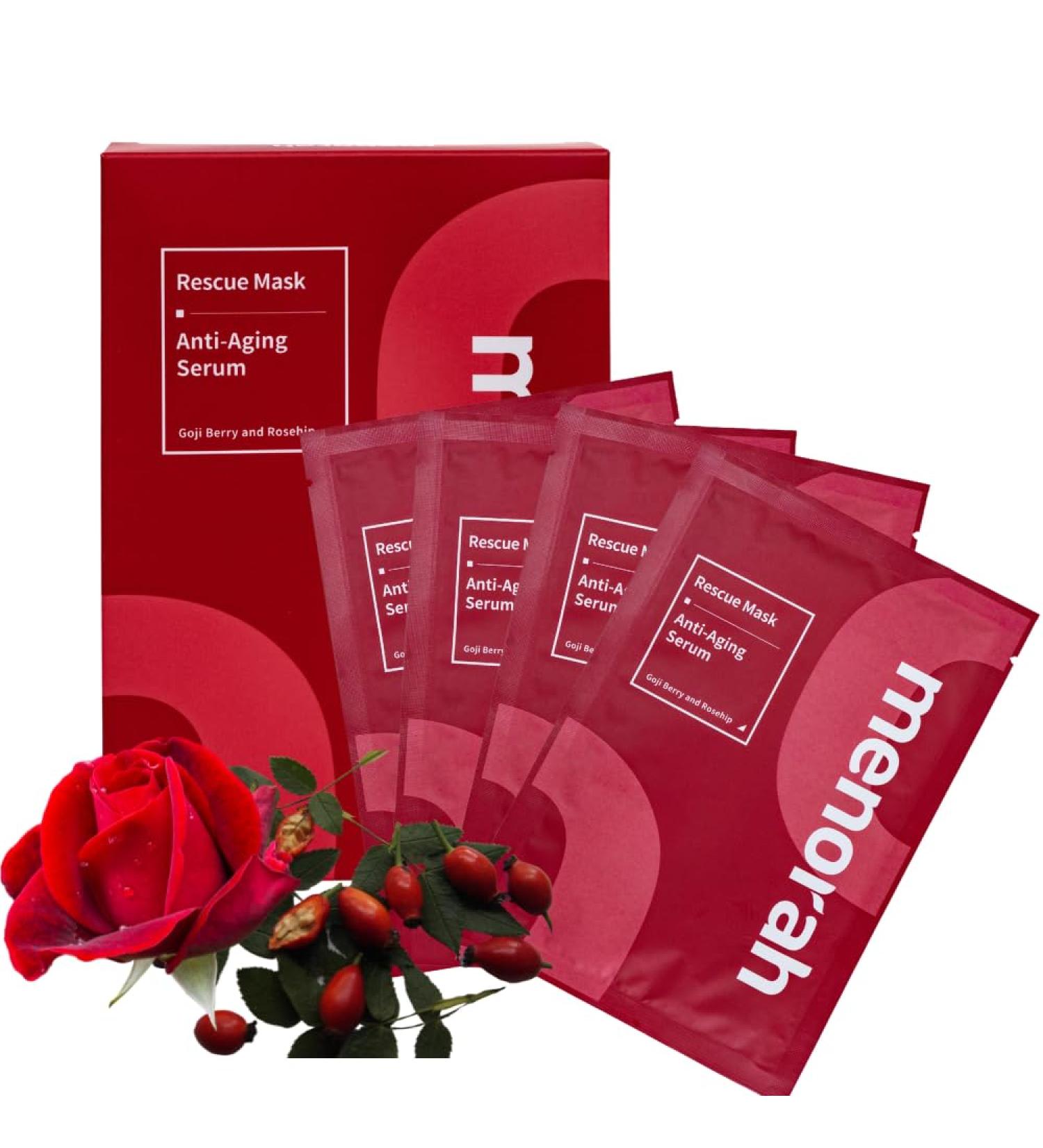 Menorah Skincare Anti-Aging Serum Rescue Sheet Masks | Goji Berry & Rosehip | Improve Skin Firmness & Elasticity (4 Sheets - Buy Online on GoSupps.com
