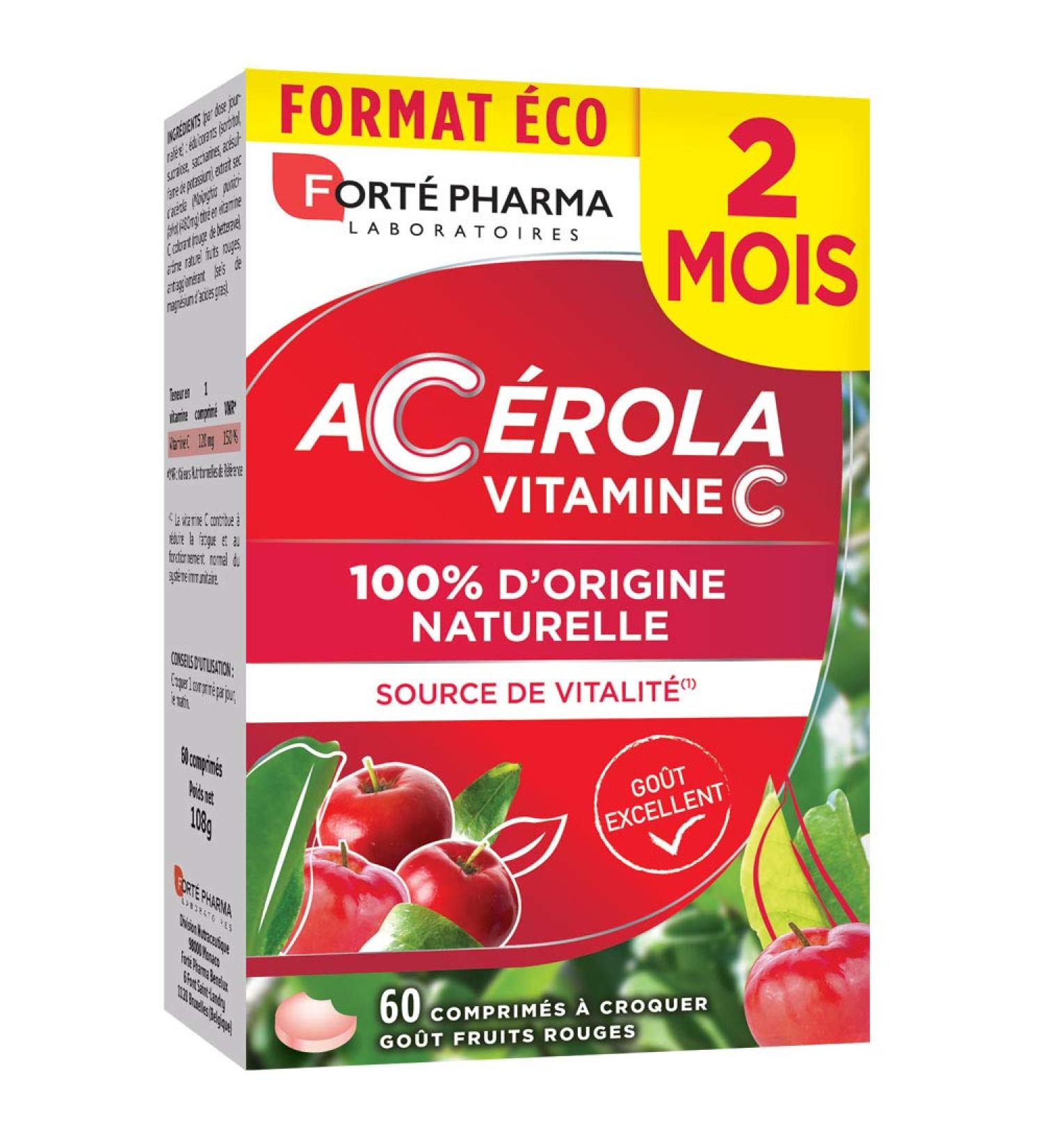 Fort Pharma - Acerola | Natural Vitamin C Chewable - Vitality Food Supplement | 60 Chewable Tablets - Delicious Red Fruit Fl - Buy Online on GoSupps.com