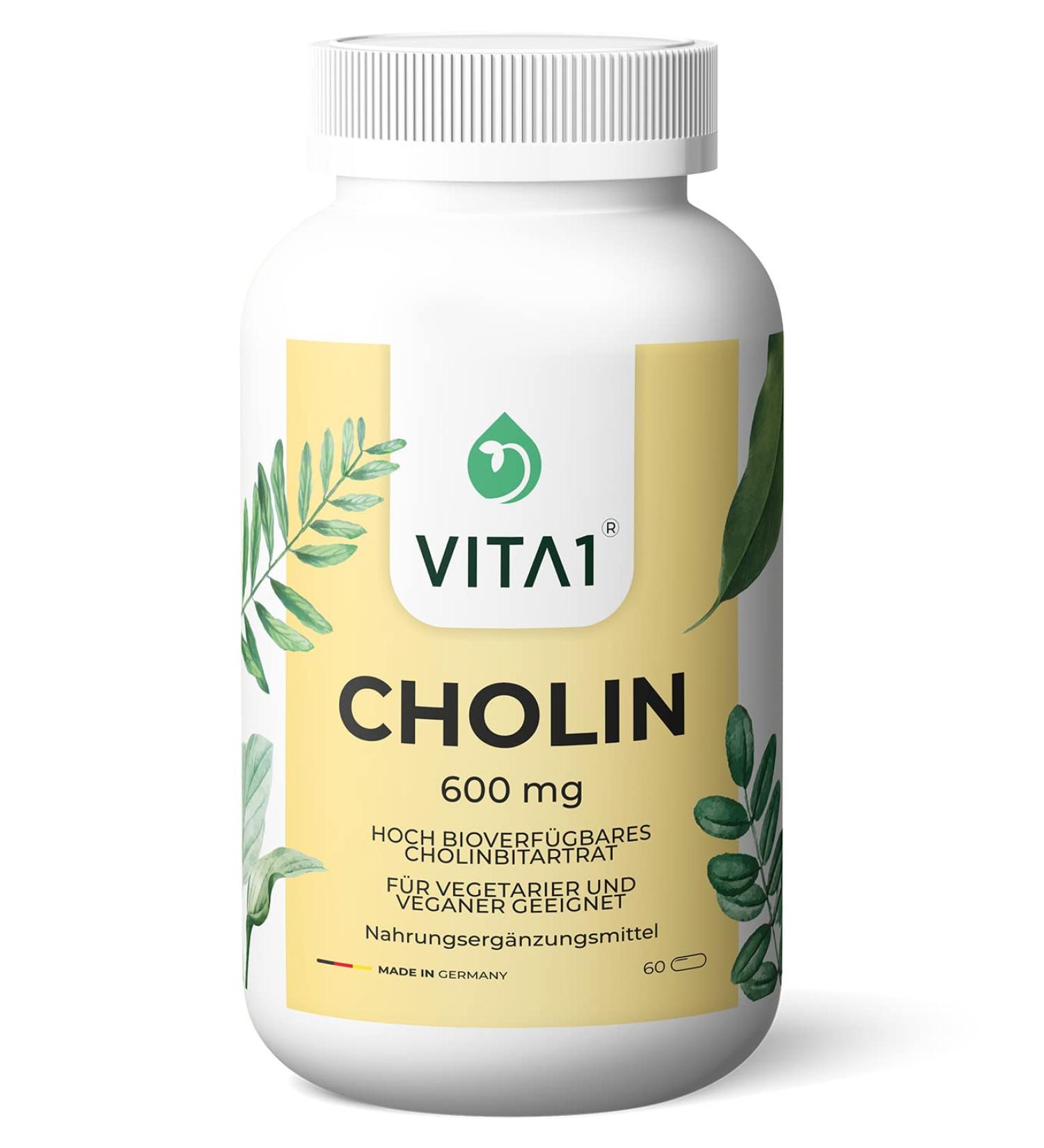 Choline 600mg Capsules - Supports Normal Fat Metabolism | Vegan & Vegetarian | VITA1 - 60 Capsules - Buy Online on GoSupps.com