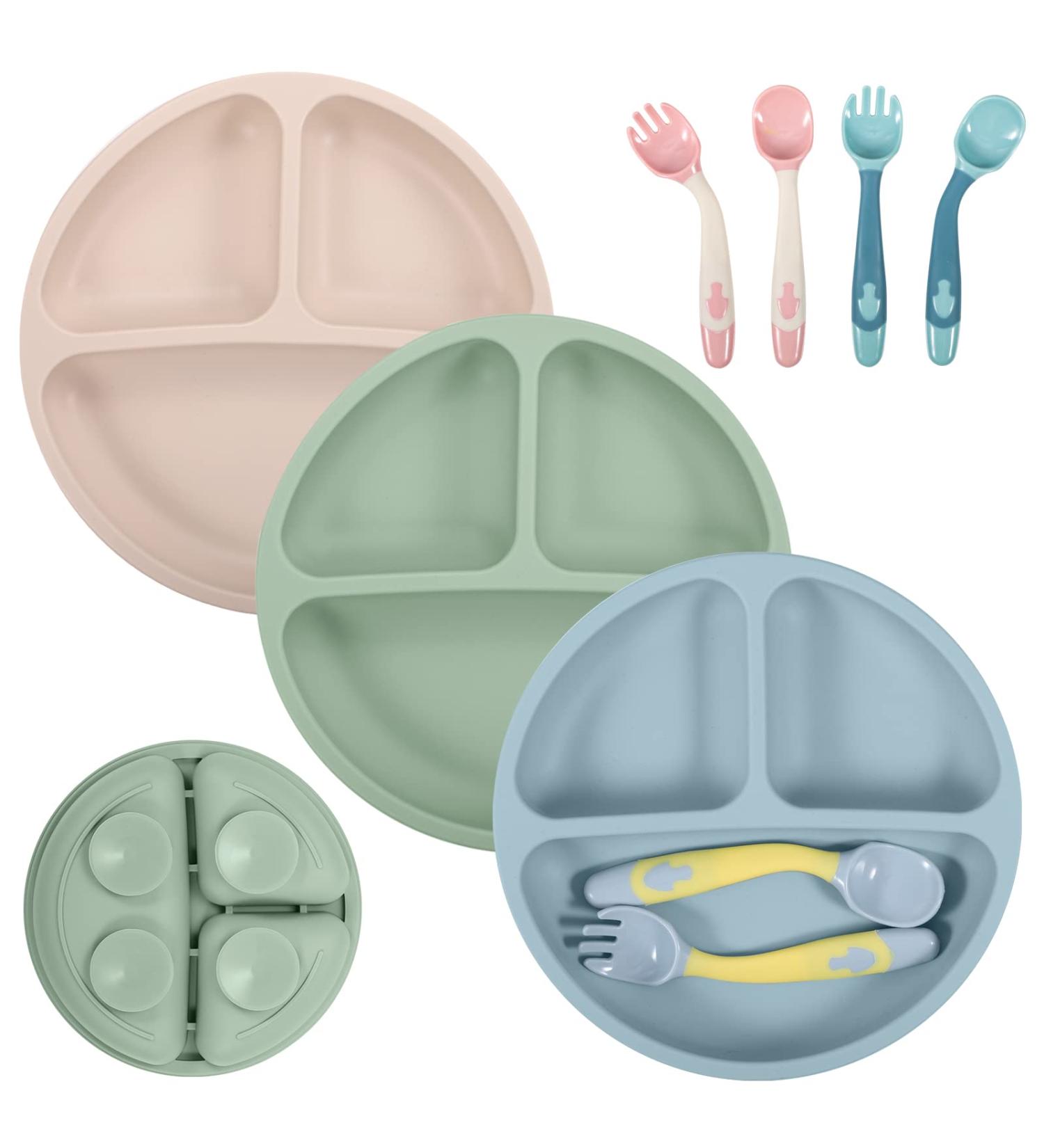 Lanjue 3 Pcs Silicone Baby Suction Plates | Non Slip Divided Dishes with Utensils for Toddler Self Feeding | Ideal for Highchairs Trays | Green Blue Beige - Buy Online on GoSupps.com