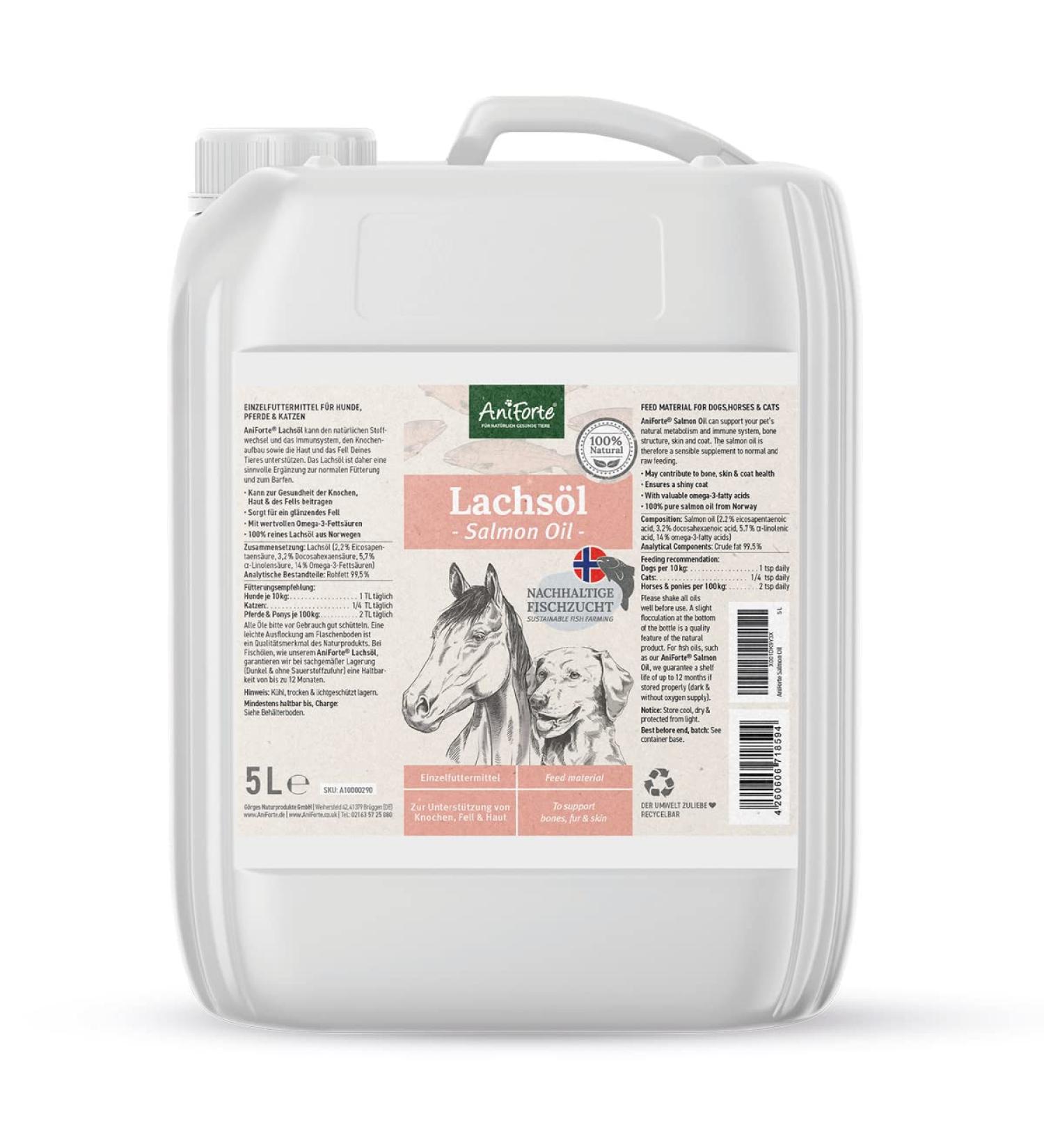 AniForte Salmon Oil for Dogs & Horses 5L | Premium Norwegian Omega 3 & 6 Supplement | Additive-Free BARF Oil | Freshly Filled in Germany - Buy Online on GoSupps.com
