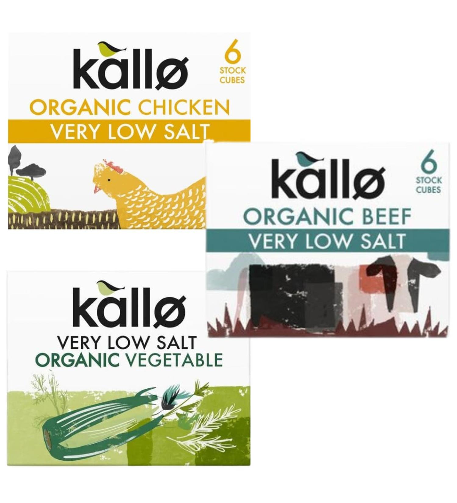 Stock Cube Bundle with Kallo Very Low Salt Beef Stock Cubes 6x8g Chicken Stock Cubes 6x8g and Vegetable Stock Cubes 6x10g (3 Pack) - Buy Online on GoSupps.com